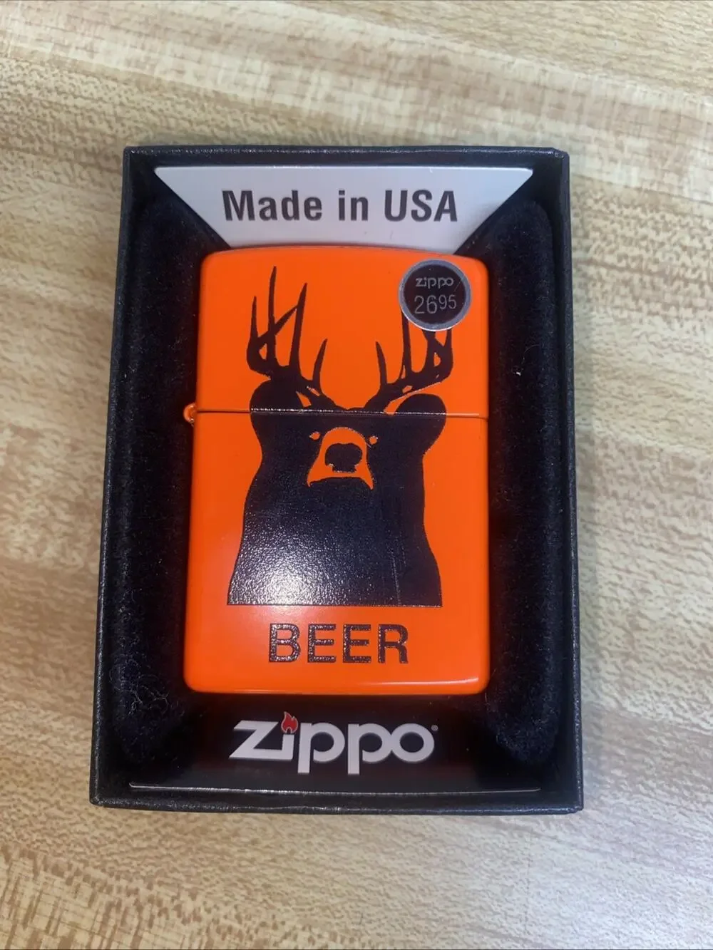 New In Box Zippo Lighter Beer (Bear With Deer Antlers) Orange & Black