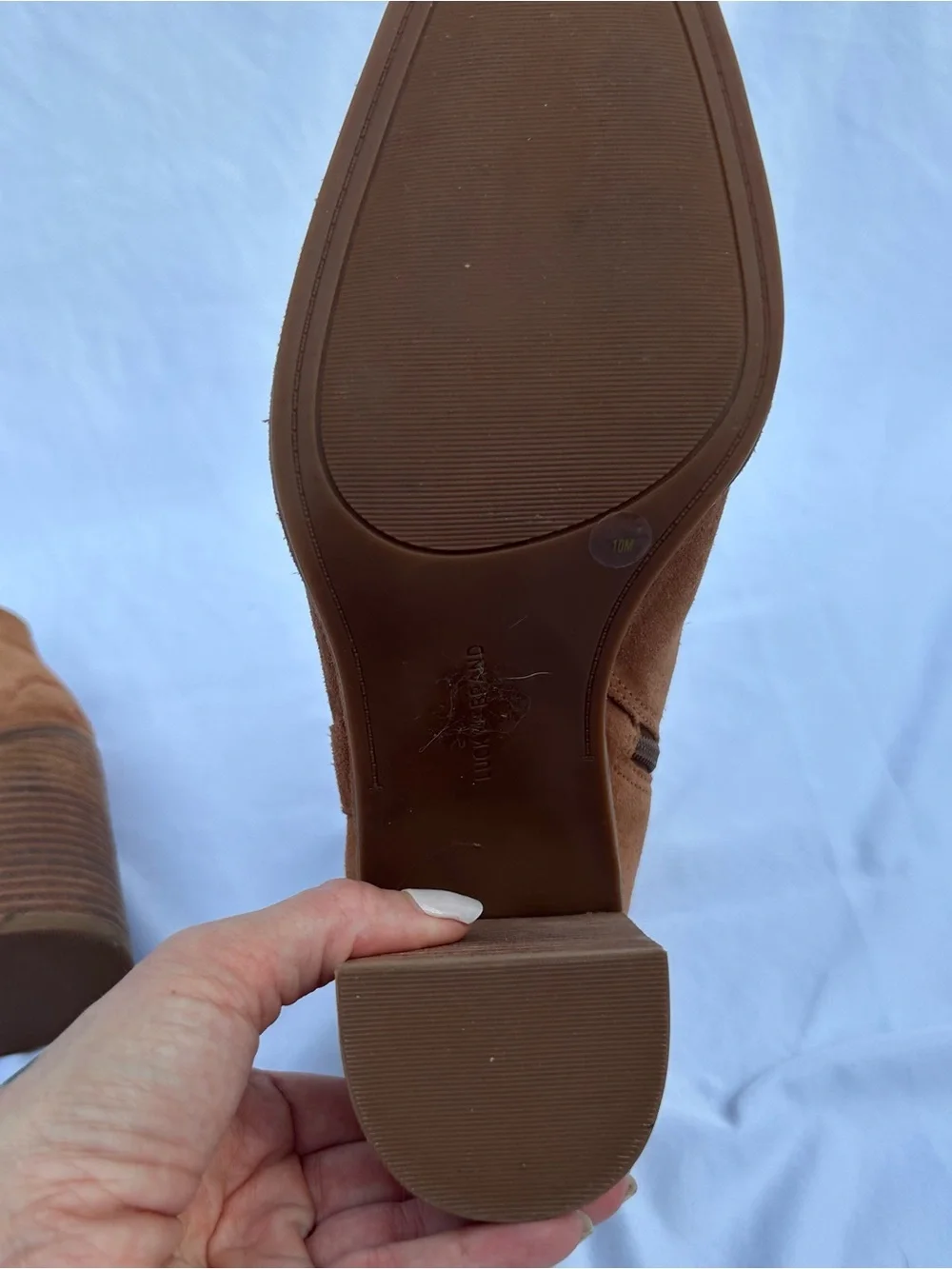 Lucky Brand Tan Suede Ankle Booties with Stacked Heel