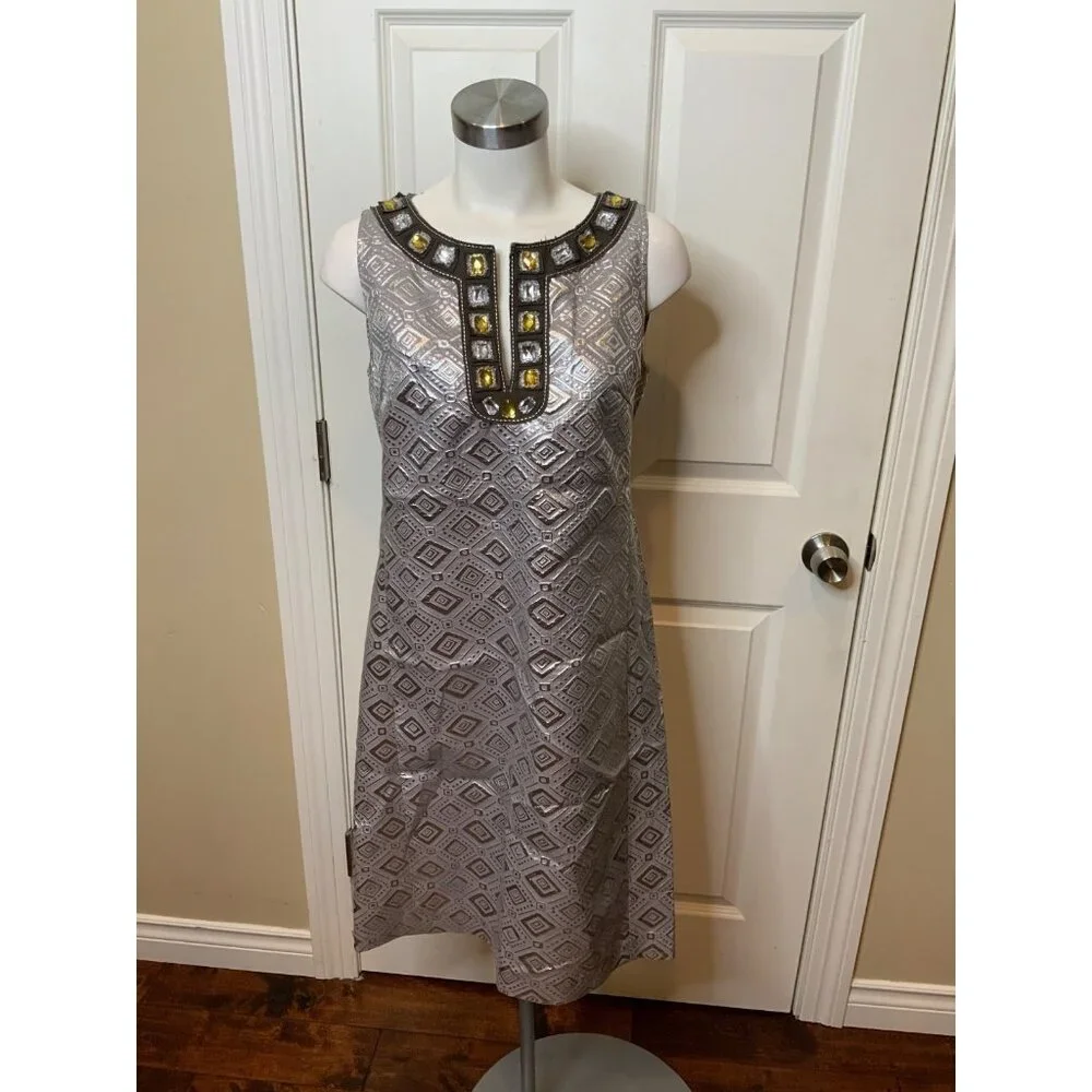 Tory Burch Silver Diamond Jacquard Jewel Neck Shift Dress, Size 10