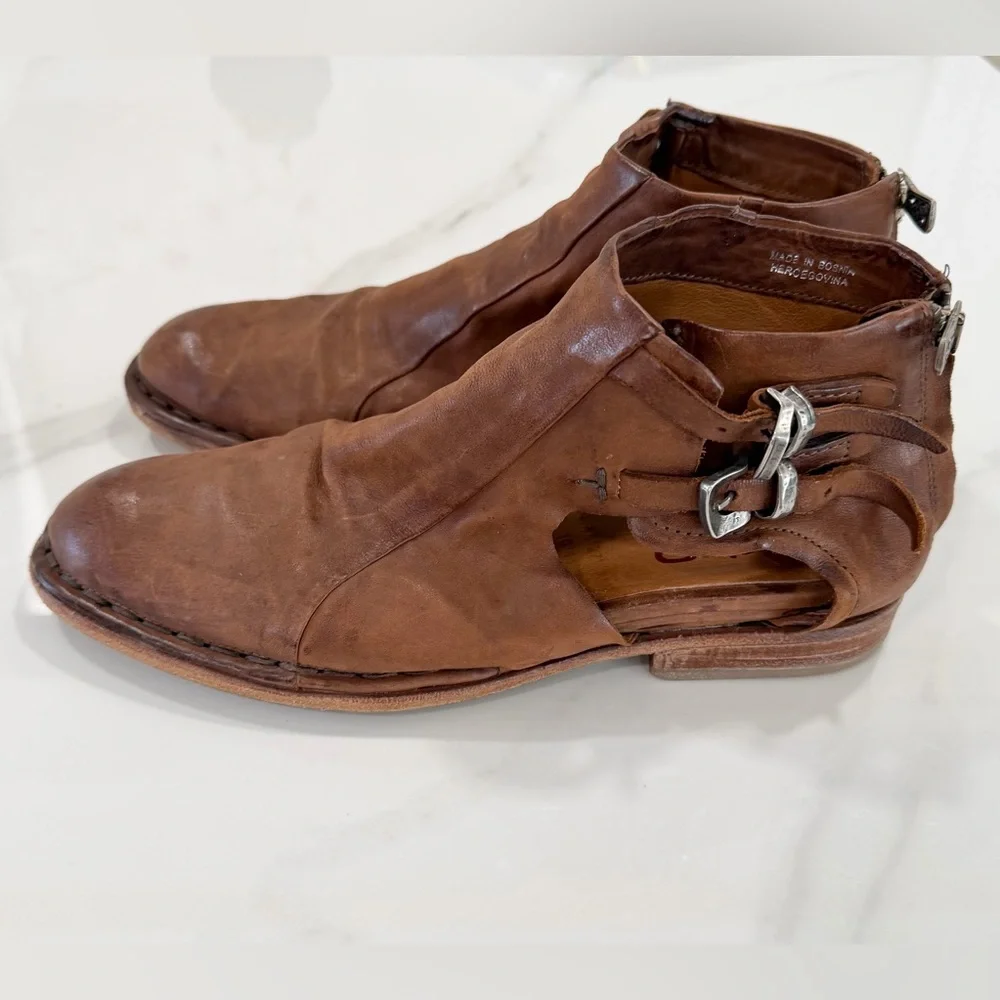 A.S.98 Women Distressed Cognac Leather Western Bootie Buckle Detail - Size 10