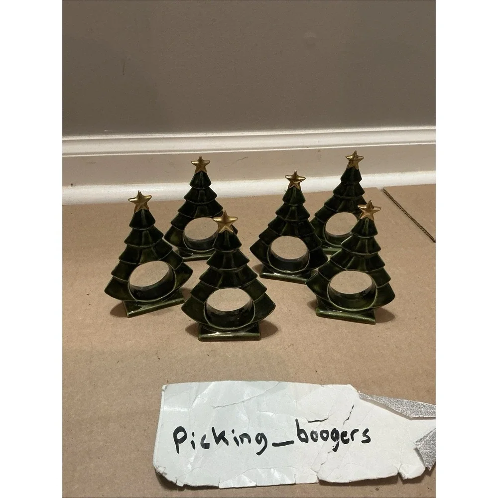 Christmas Green Tree Vintage Napkin Rings Holders Ceramic Star Lot of 6