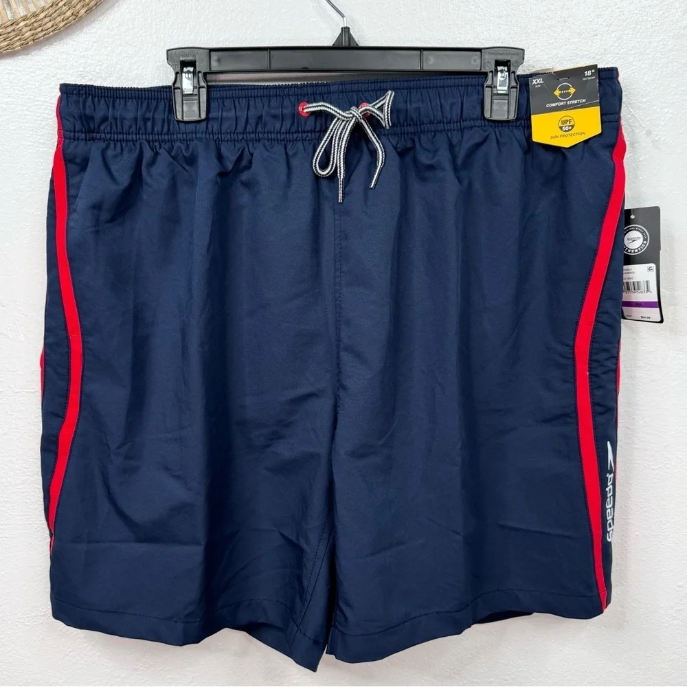 Speedo Men's Swim Trunks Size XXL Navy Blue Red Side Stripe Mesh Lined