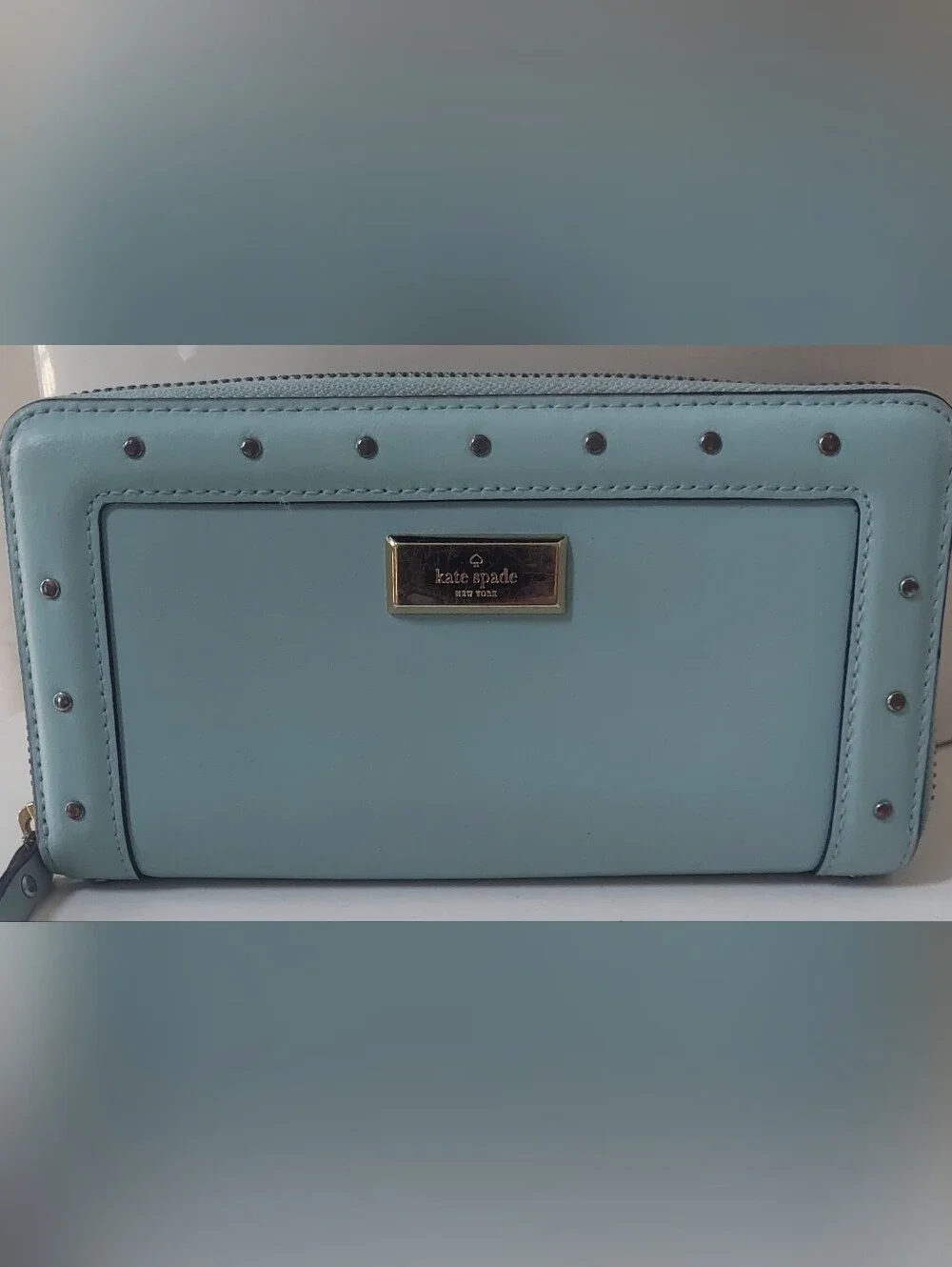 Kate Spade Mint Green Leather Zip Wallet with Gold Studs