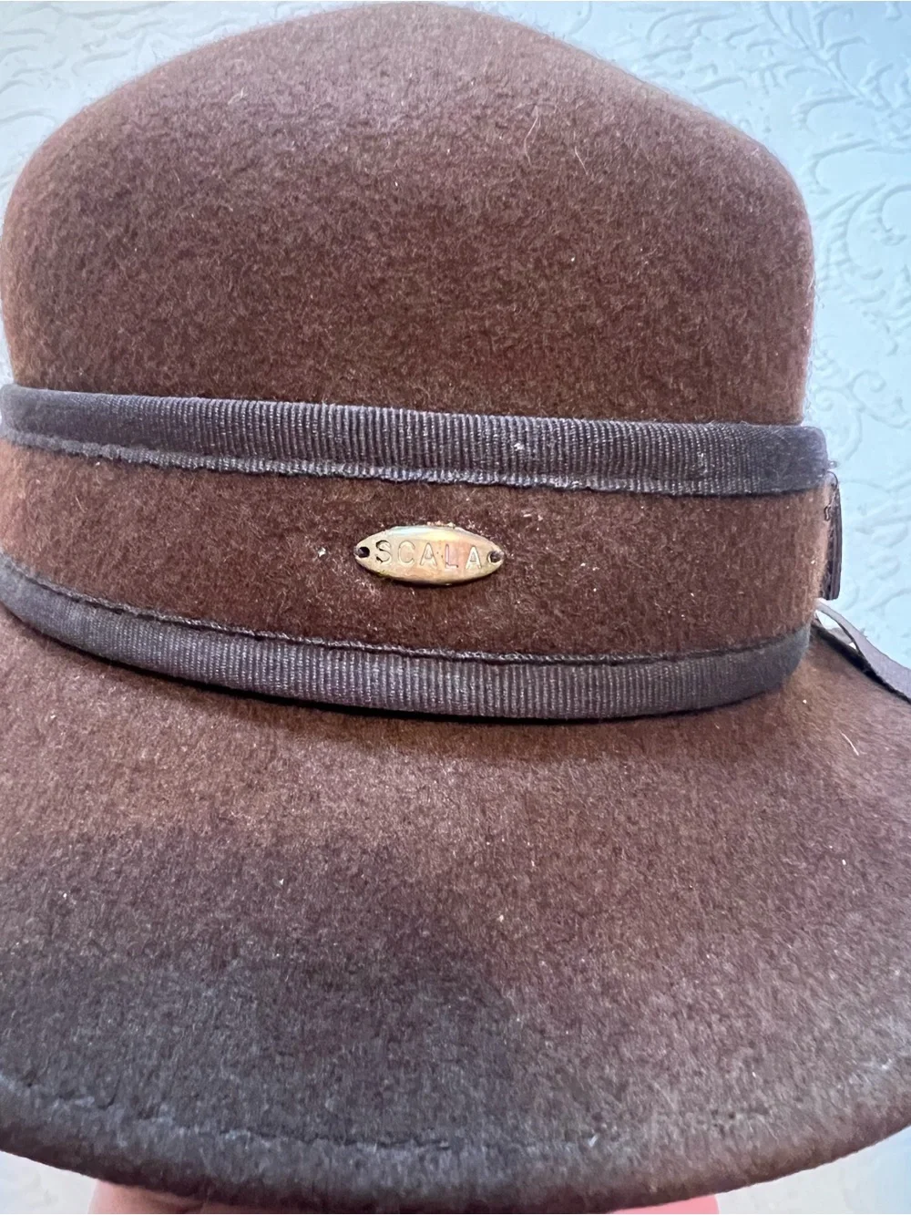 Scala Brown 100% Wool Felt Cloche Hat with Ribbon Bow