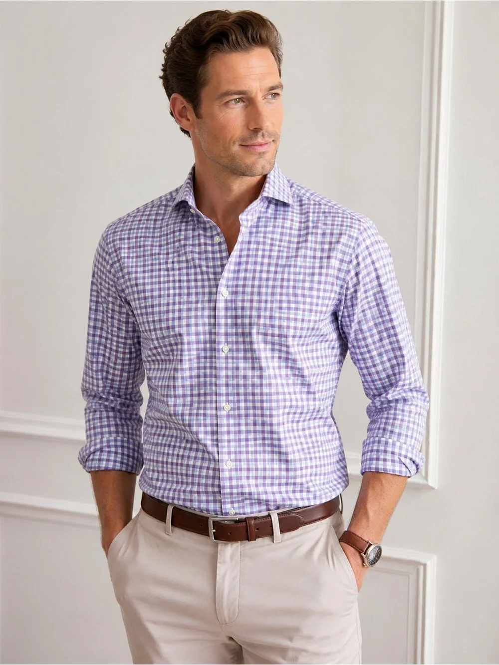 Banana Republic Non-Iron Slim Fit Dress Shirt Purple Blue Gingham Plaid Medium