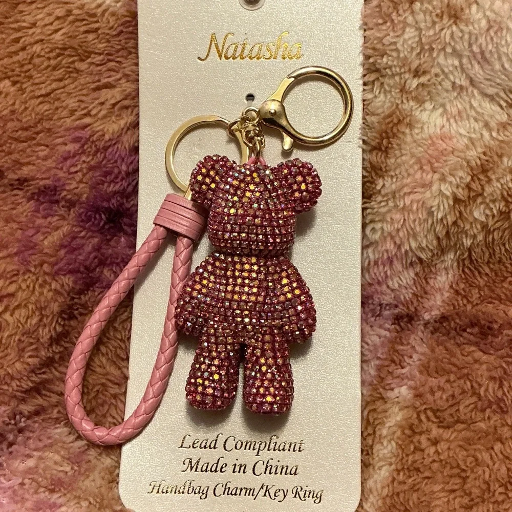 Keychain/Bag Charm Natasha, Pink Rhinestone Teddy Bear with Braided Strap