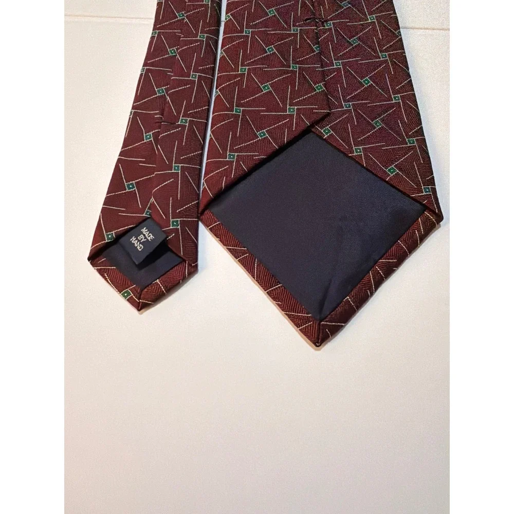 Polo‎ Ralph Lauren Tie Burgundy Green Geometric Silk Saks Fifth Avenue Vintage