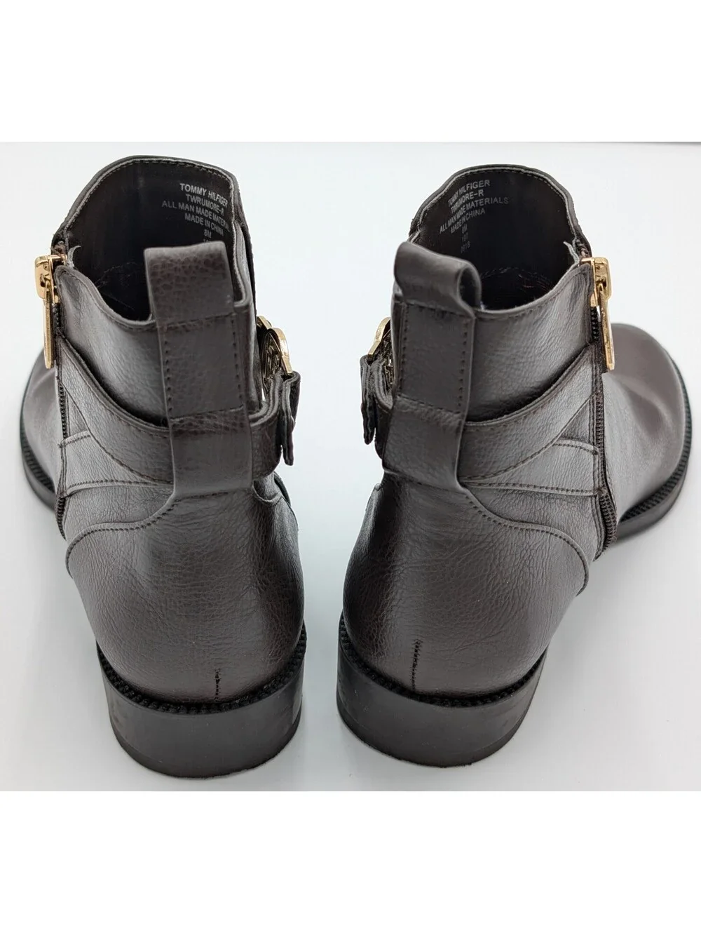 Tommy Hilfiger Women's Dark Brown Ankle Boots with Gold Logo Buckle and Side Zip