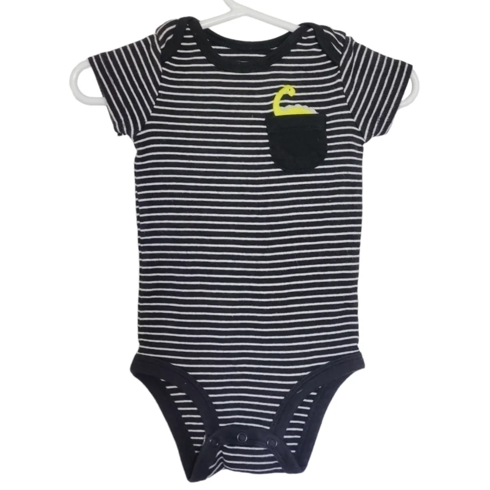 K1069 * Child of Mine Striped Dinosaur Pocket Bodysuit Navy White Size 3/6M