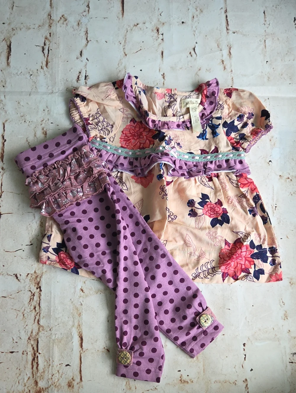 Matilda Jane Floral Ruffle Baby Set with Polka Dot Leggings - Pink & Purple