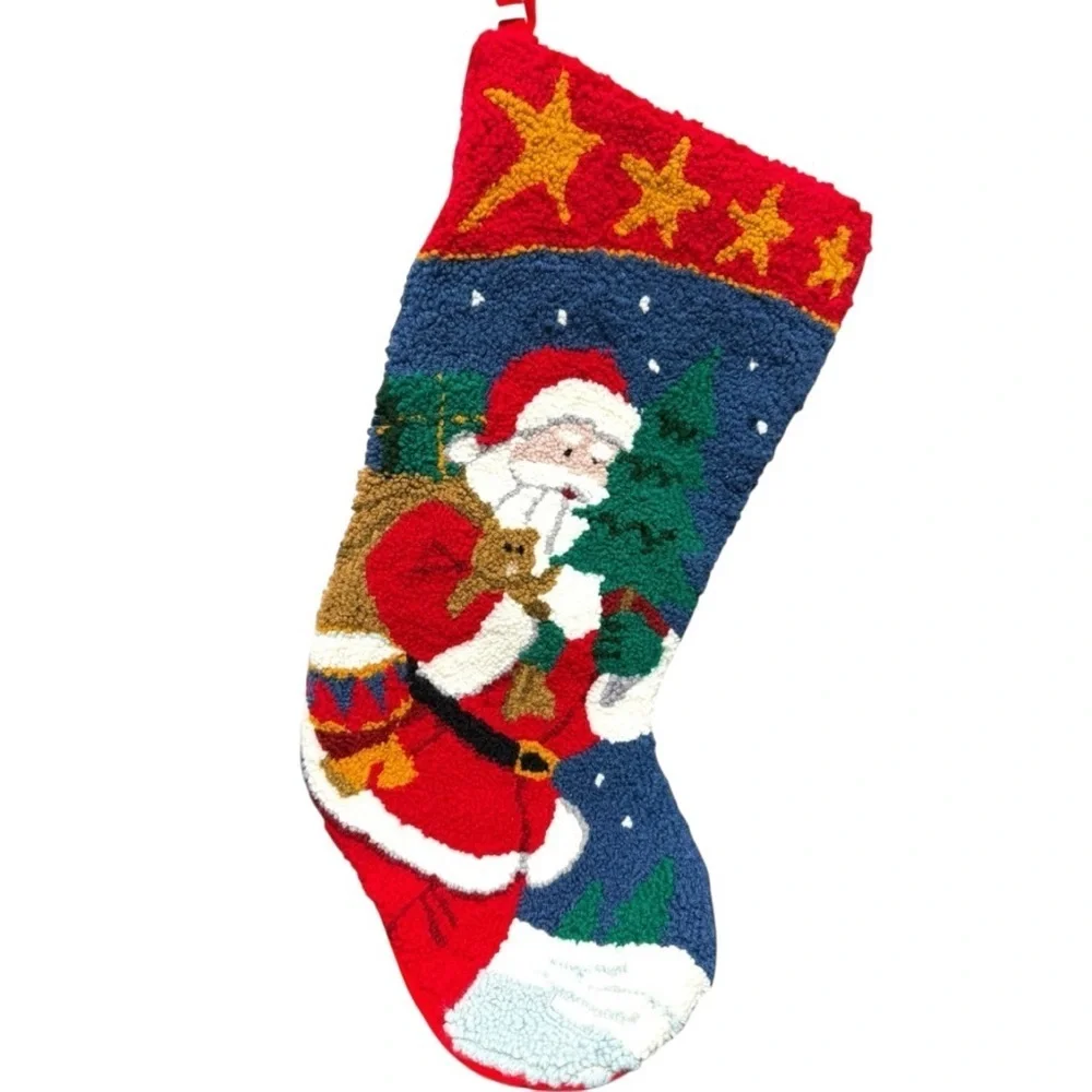 Vintage Wool Festive Santa Christmas W/Bag of Toys Stocking EUC