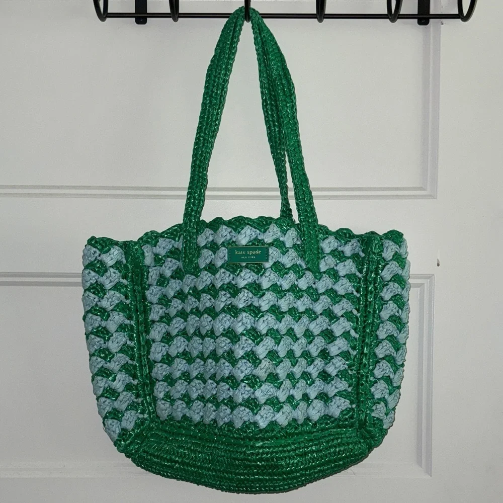 Kate Spade Green and Blue Raffia Tote