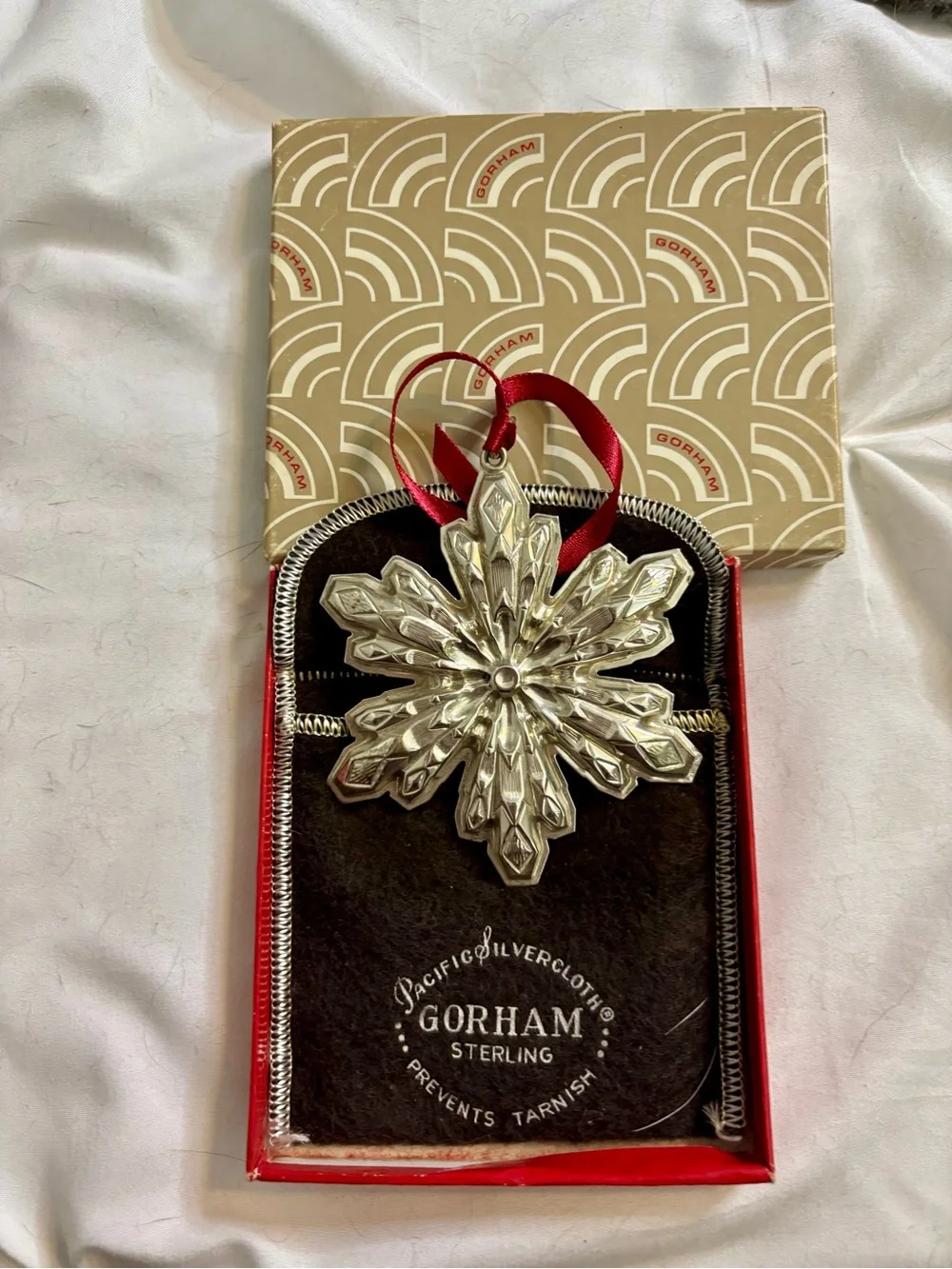 Gorham Sterling Silver Snowflake Holiday Ornament with Red Ribbon