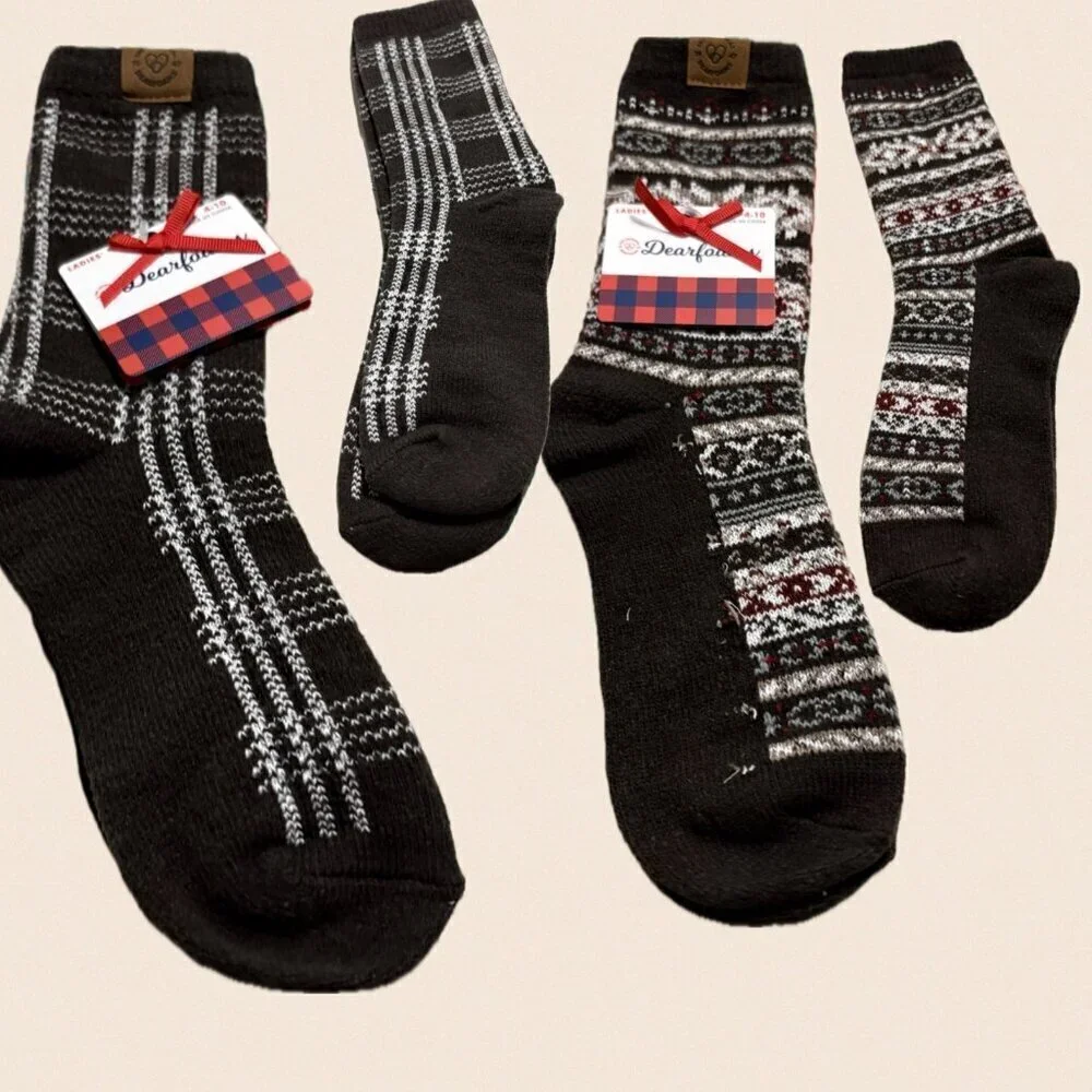 Dearfoams Brown Print & Fair Isle Logo Ribbed Trim Stretch Boot Socks-2 Pairs