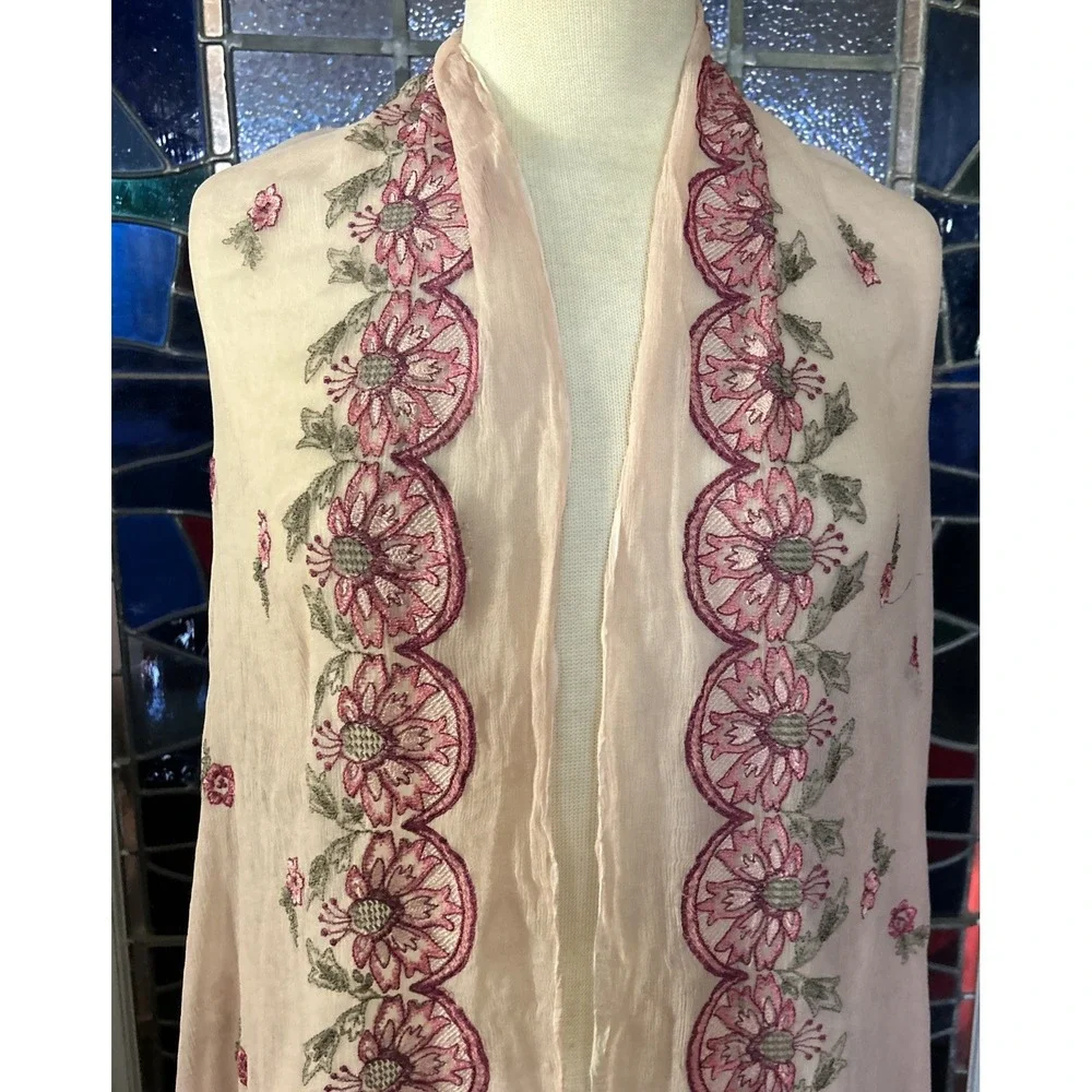 Pink Silk Sheer Embroidered Scarf Shawl Wrap 36
