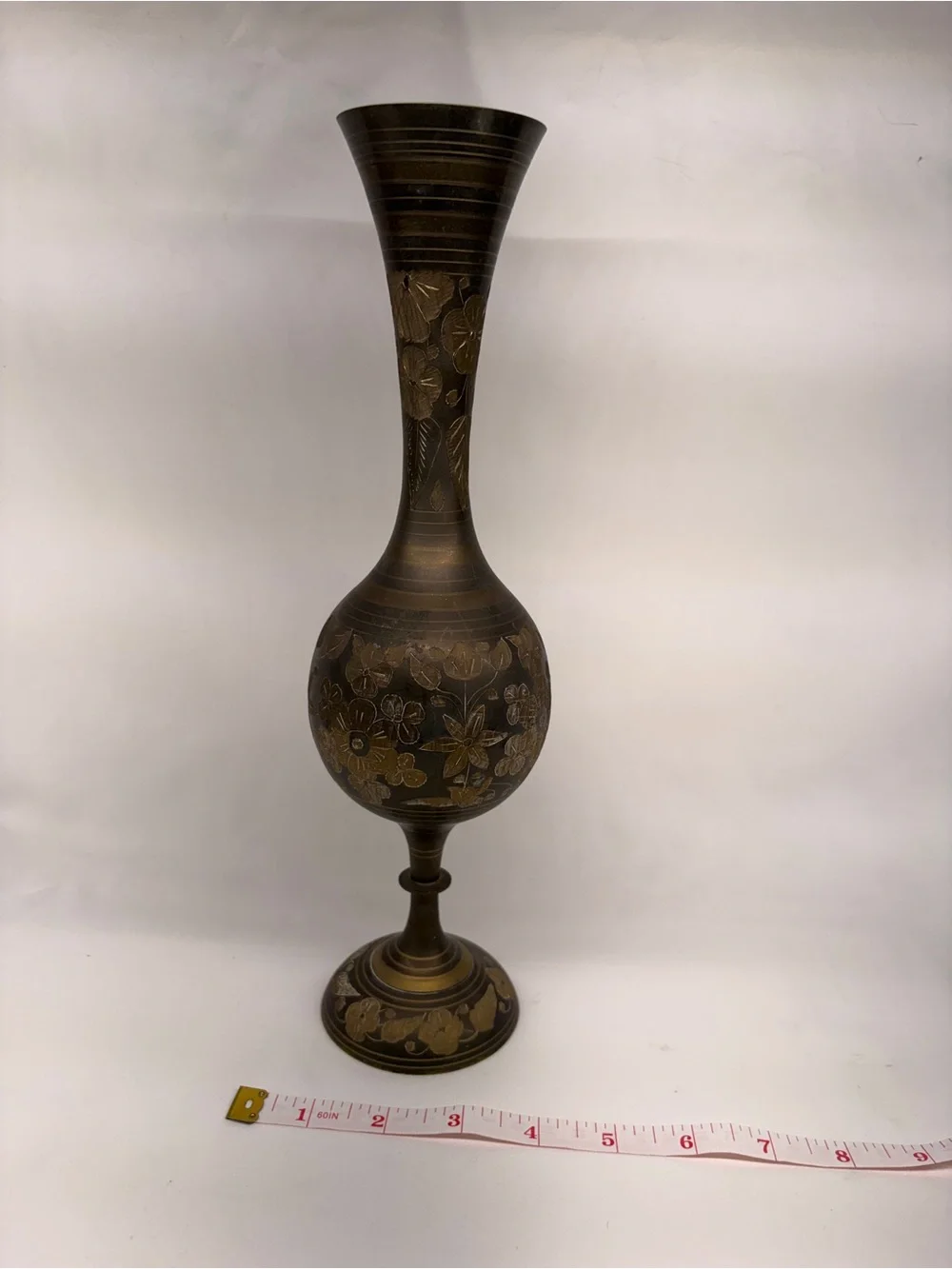 Vintage Hand-Etched Brass Vase 9” | Black Two-Tone Floral Engraved Boho
