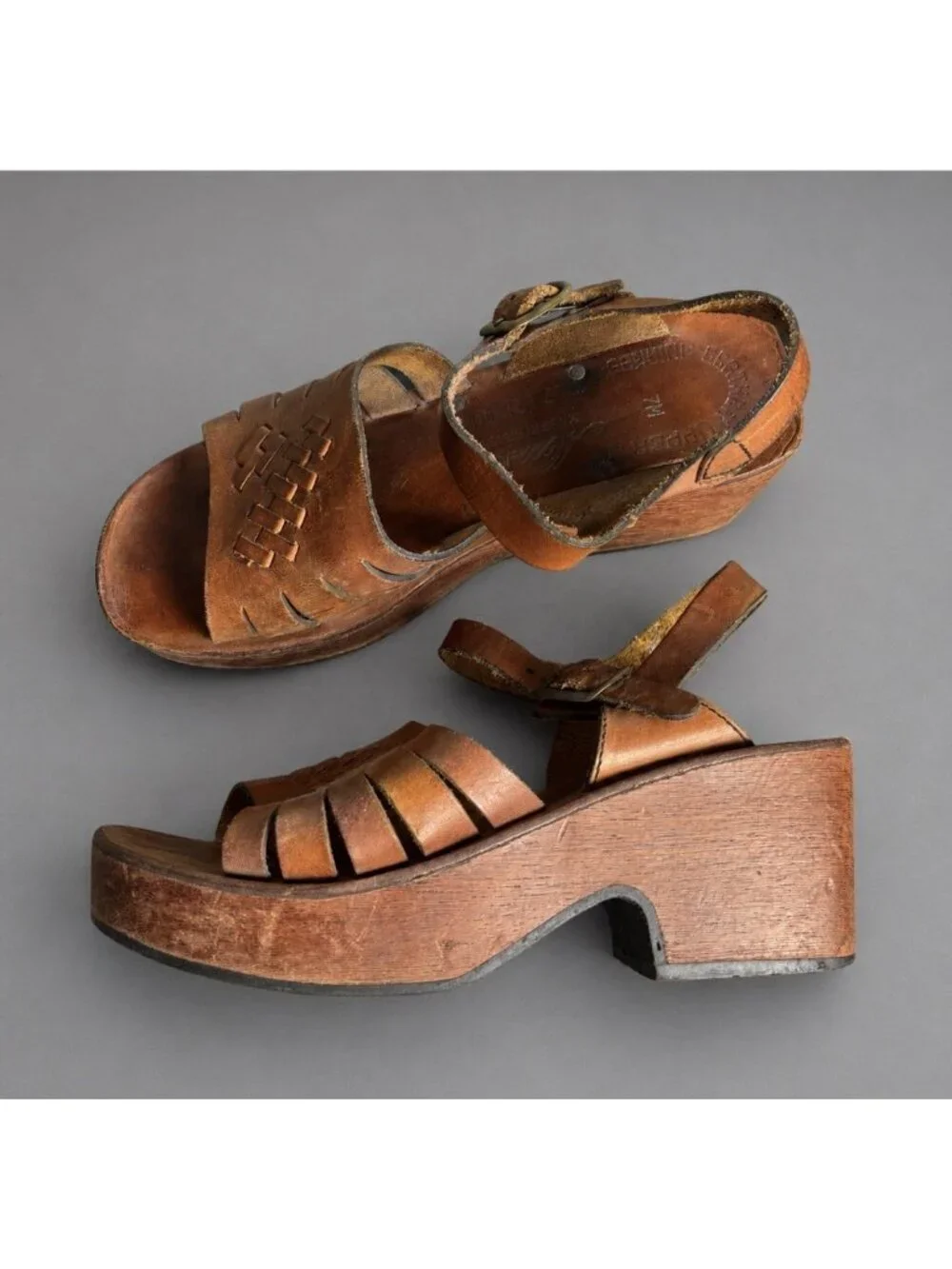 Vintage 70s MUSA Womens 7M Brown Leather Wood Platform Sandals 1970s Brazil