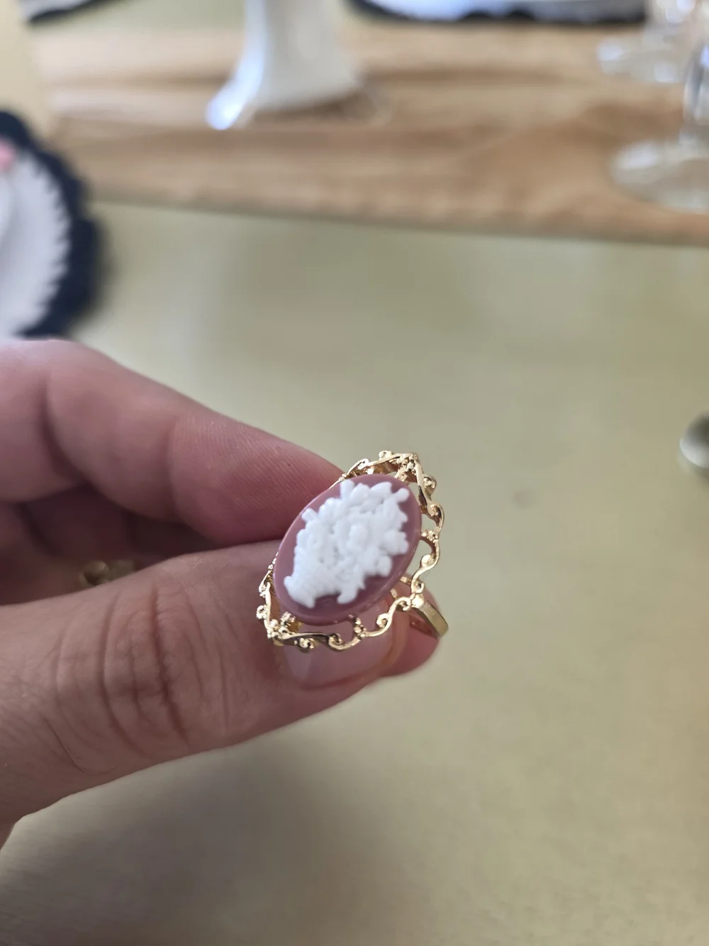 Gold-Tone Pink Cameo Ring with White Relief