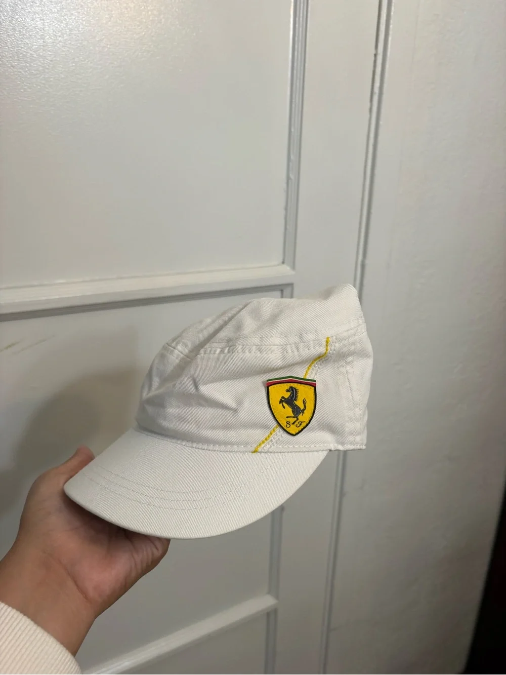 2000s puma white Scuderia Ferrari F1 team cap features a prominent embroidered