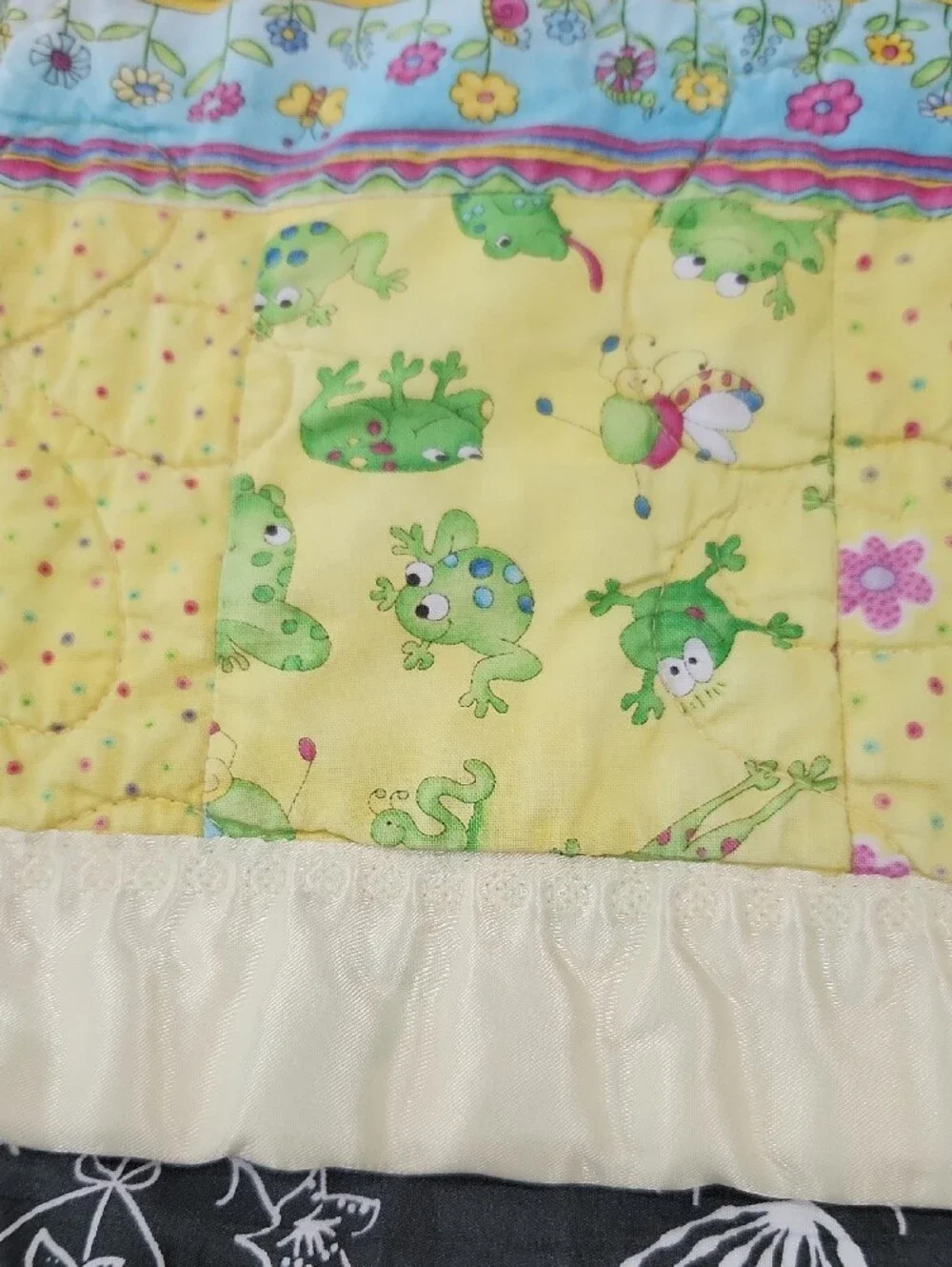 Yellow Patchwork Baby Quilt with Floral and Frog Motif