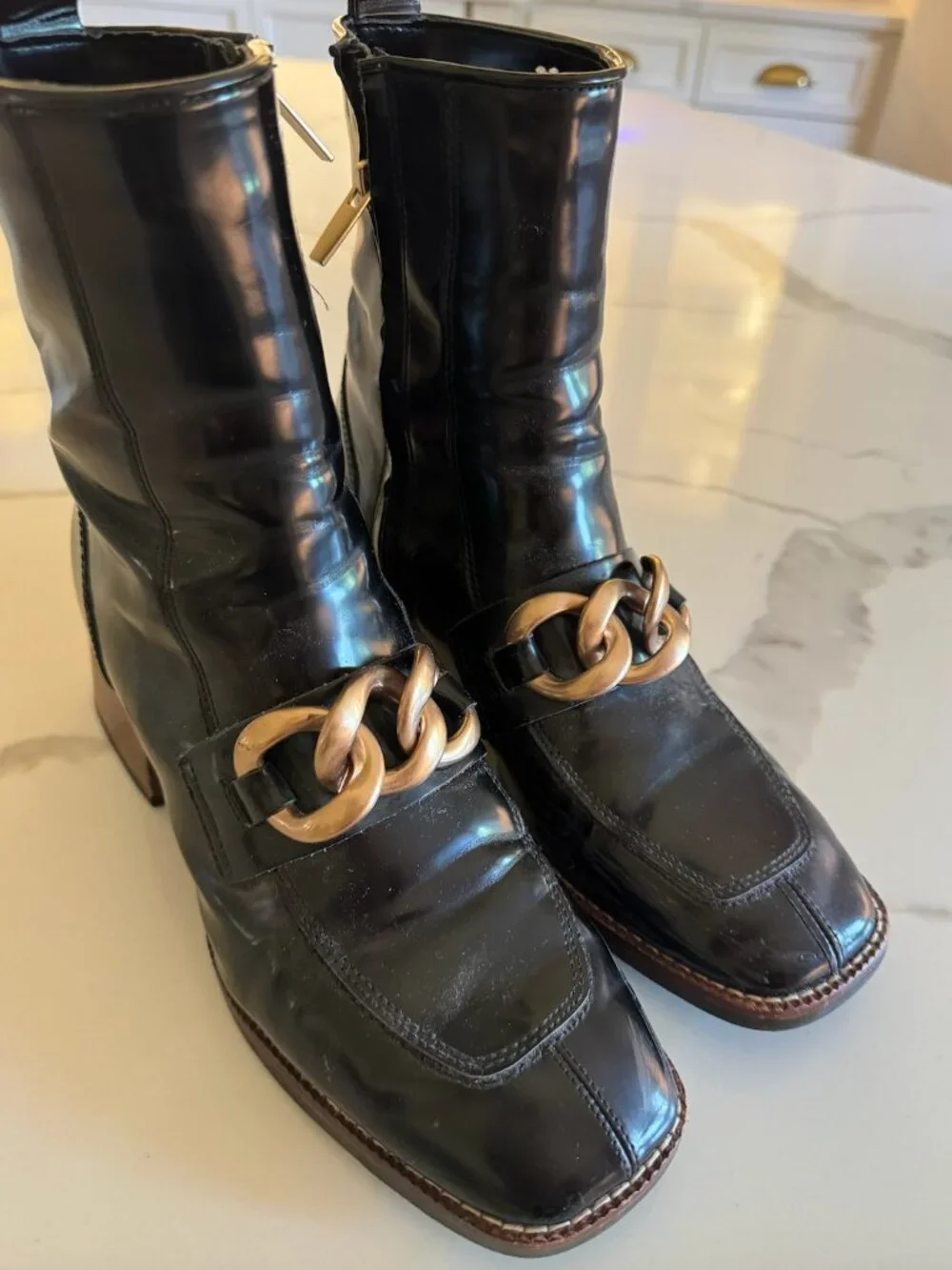Steve Madden Loreen Black Boots with Gold Chain Detail, Size 8