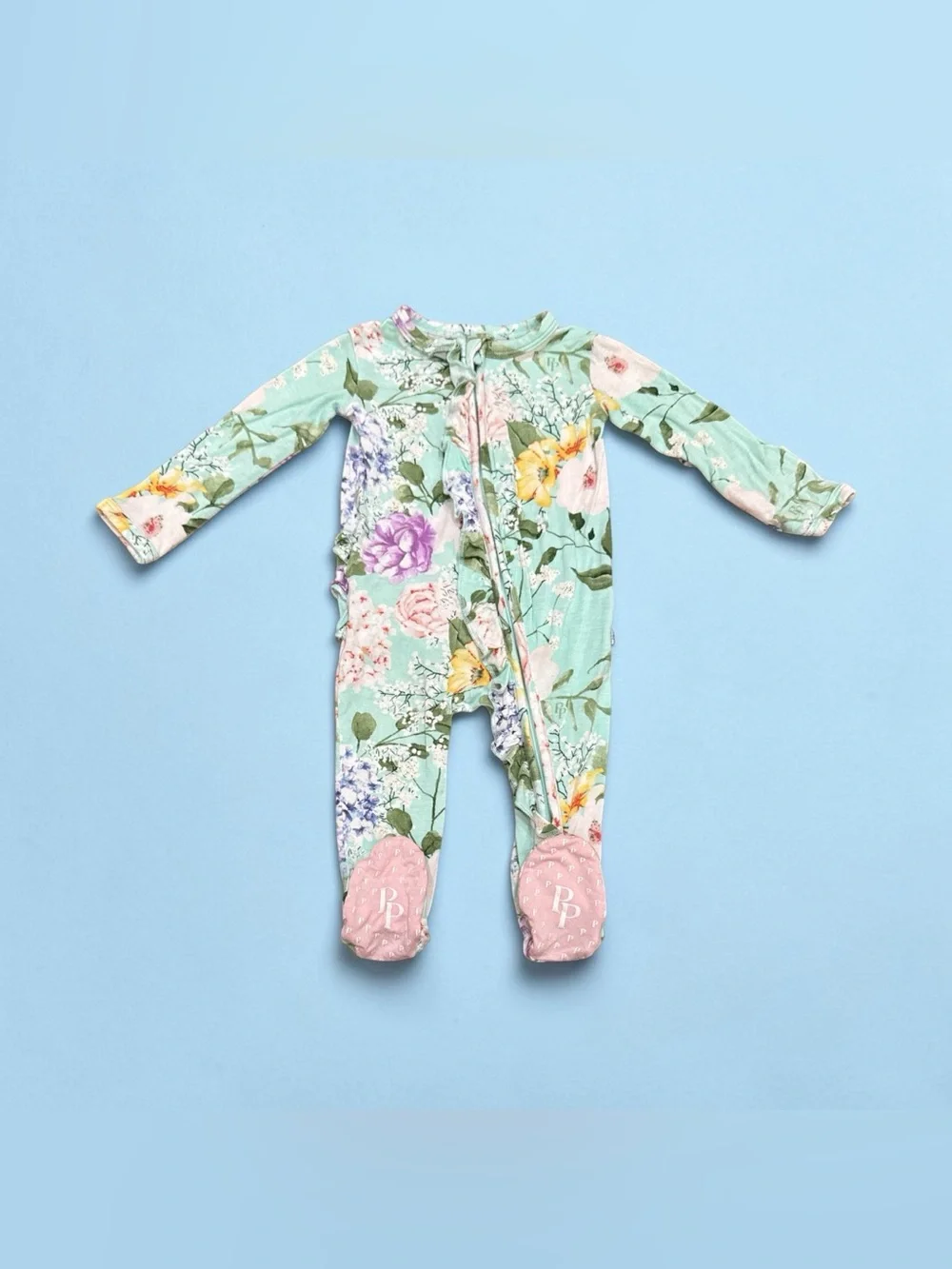 Posh Peanut Erin Bamboo Ruffled Footed Zippy Baby Girl Size 6-9 Months Floral