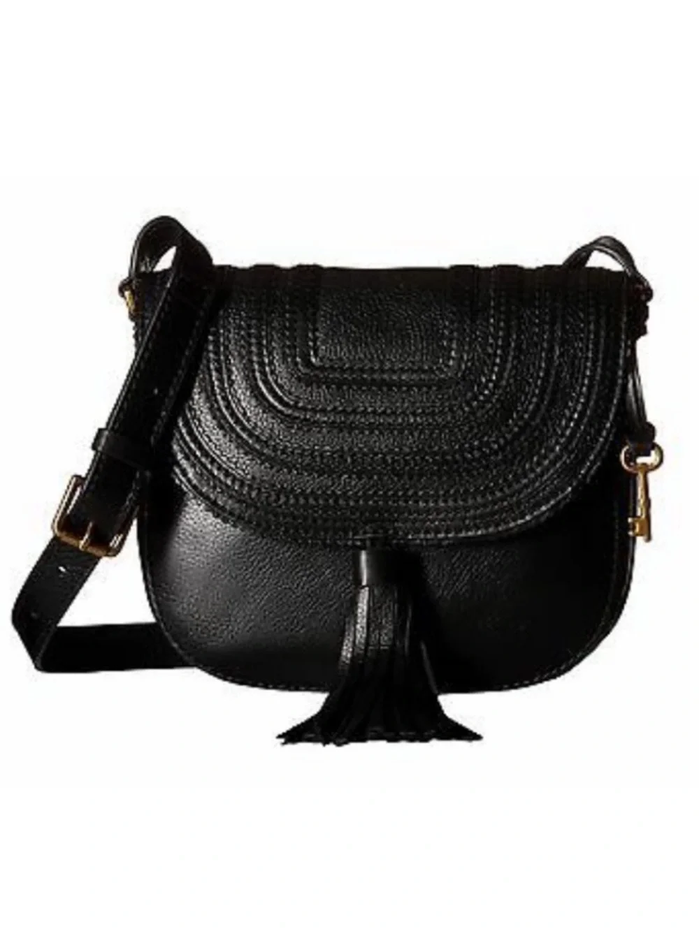 Fossil Emi Leather Tassel Crossbody Black Saddle Bag