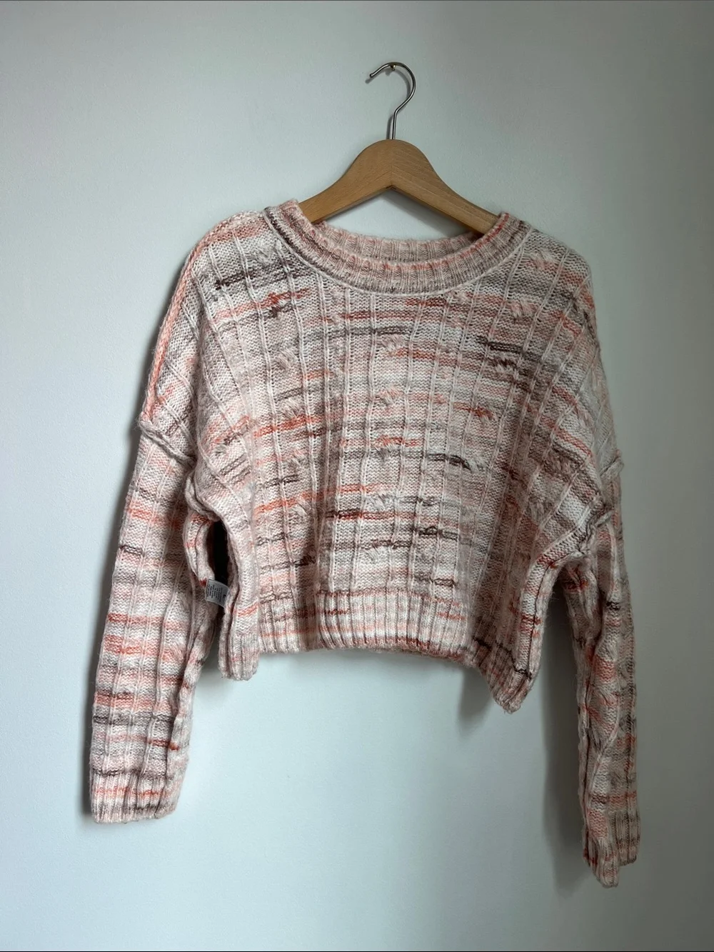 Madden Girl | Pink Brown Coral Cream Cropped Cable-Knit Sweater Size L