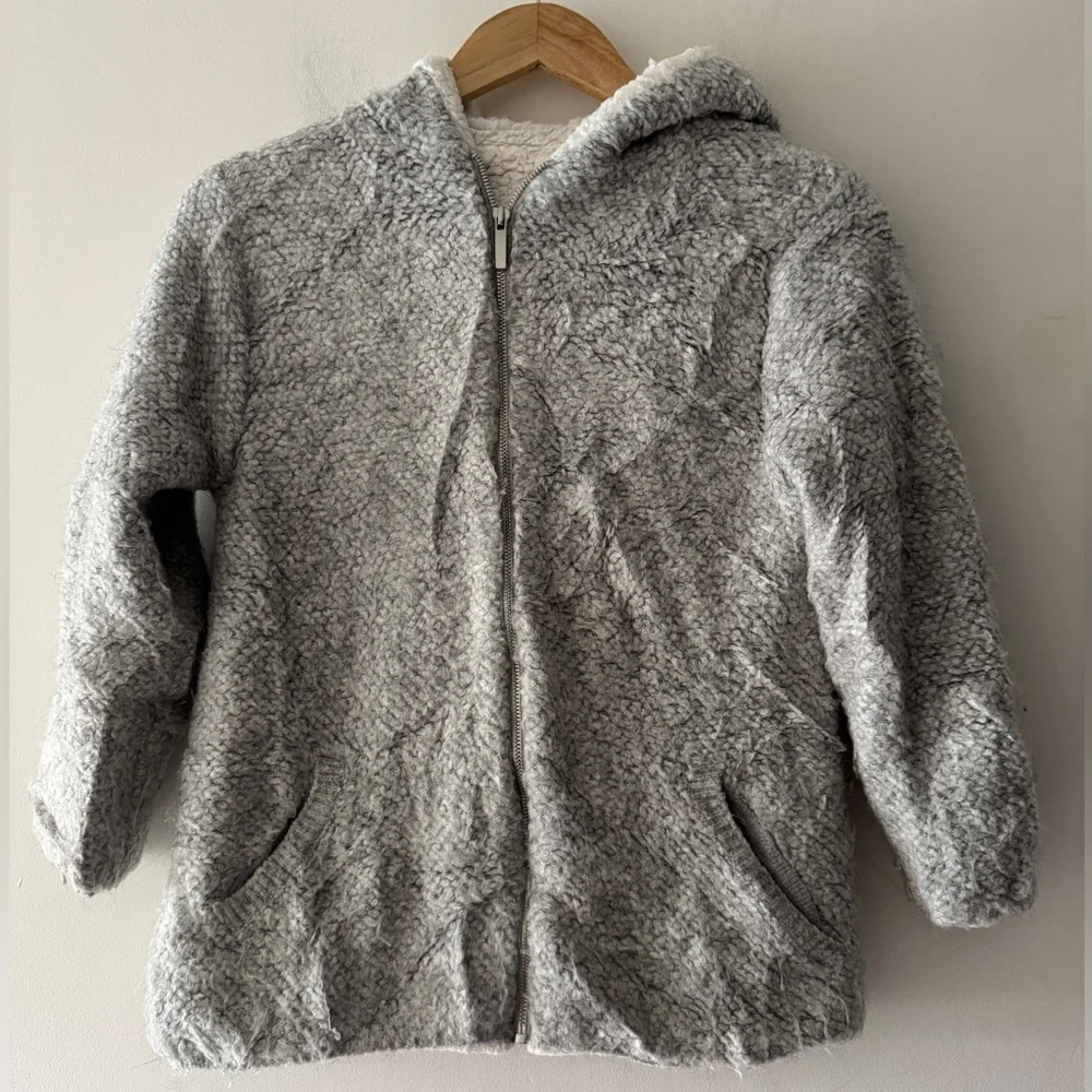 Zara Gray Knit Winter Collection Sherpa Hooded Zip‎ Up Jacket Girls Alpaca Blend