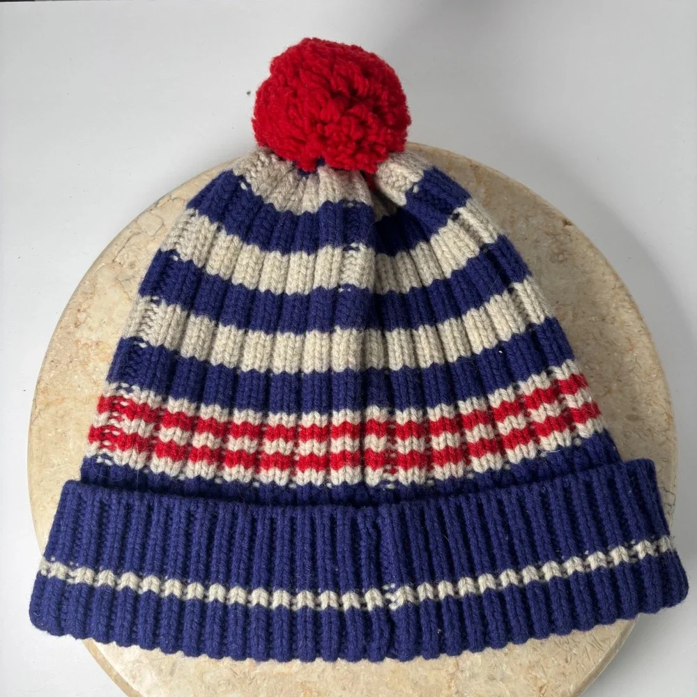 Vintage L.L. Bean Beanie OSFA Blue Striped 100% Lambswool‎ Pom Pom Winter Hat