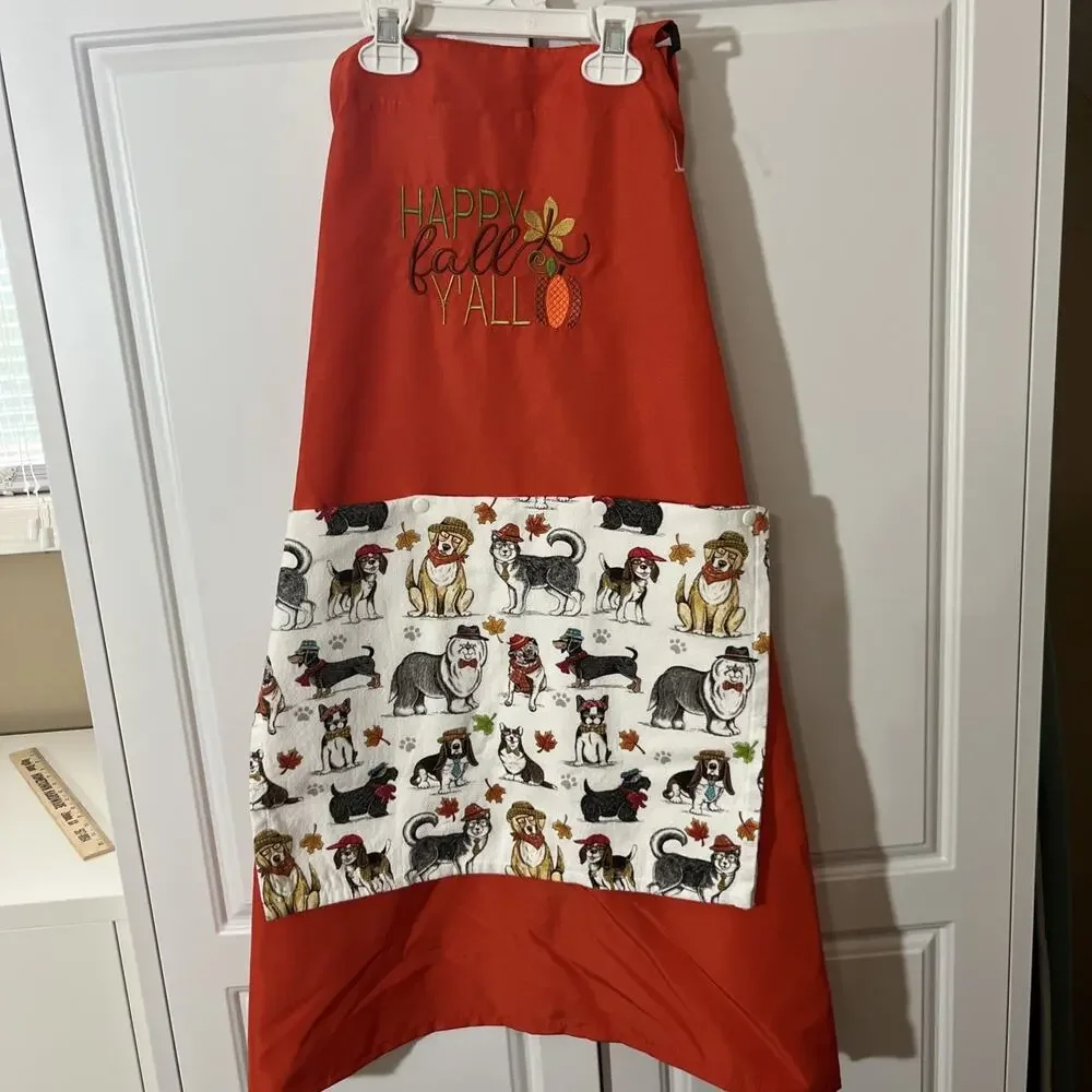 Custom Made Kitchen Apron With Embroidery & Removable Towel Washable Happy Fall