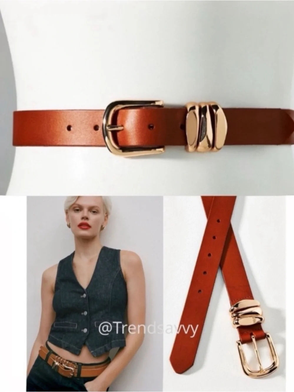 Anthropologie Brown Leather Belt Gold Buckle Waist Jeans Keeper Large