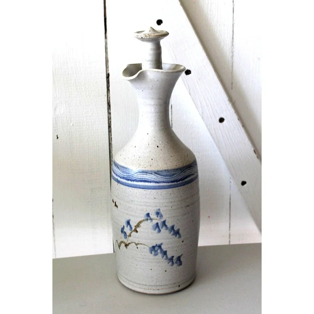 Art Pottery Stoneware Decanter Bottle w/ Stopper Blue Earth Tone Signed 11.5