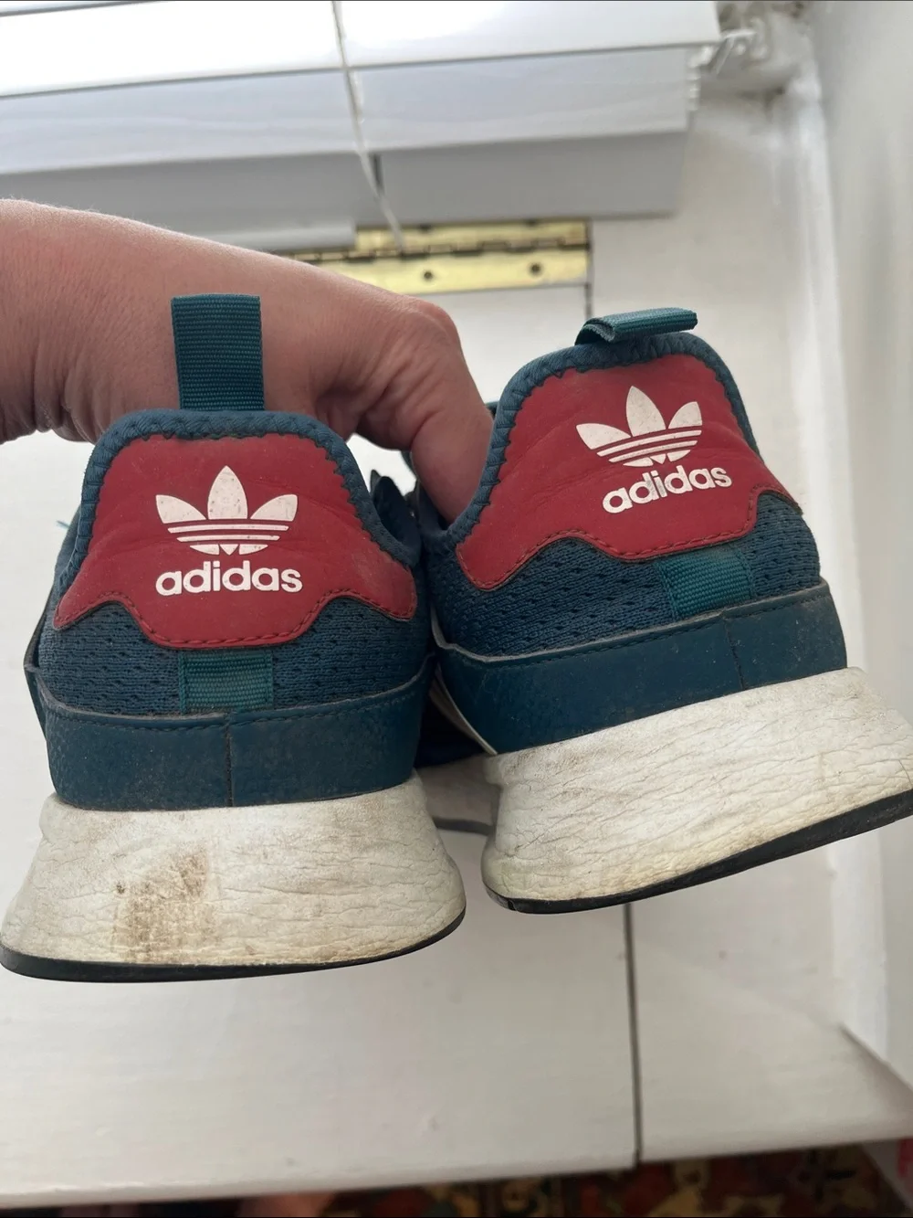 adidas Men’s Dark Teal Knit Sneakers with Red Logo Patch