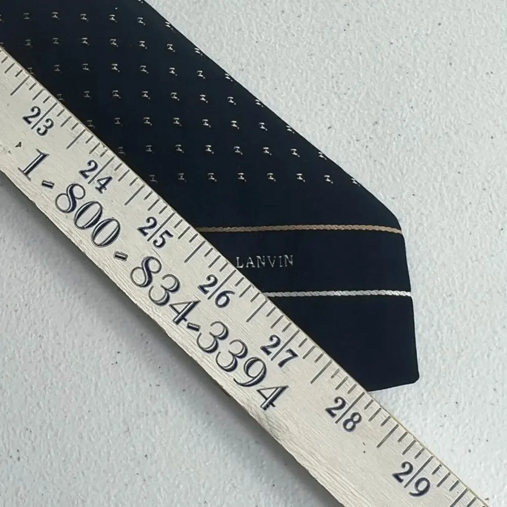 Lanvin Paris Necktie Men's Navy Blue Striped Pin Dot Logo