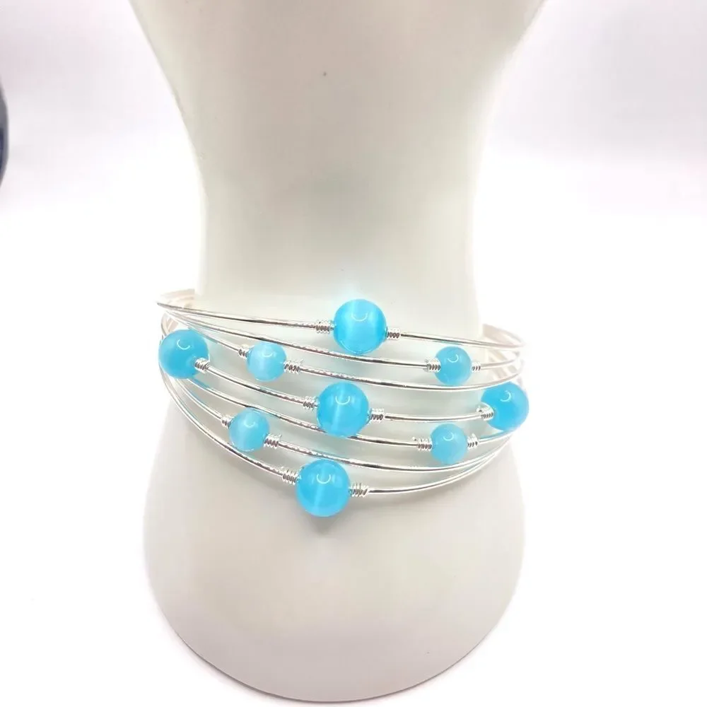 Silver Wire Blue Glass Bead Floating Cuff Bracelet