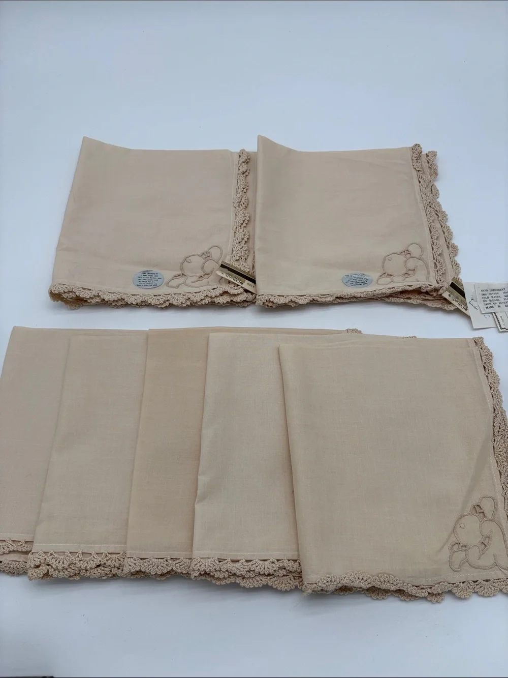Vintage Deadstock Lot of 7 Cream Cotton Handmade Embroidery Lace Napkins 6x6