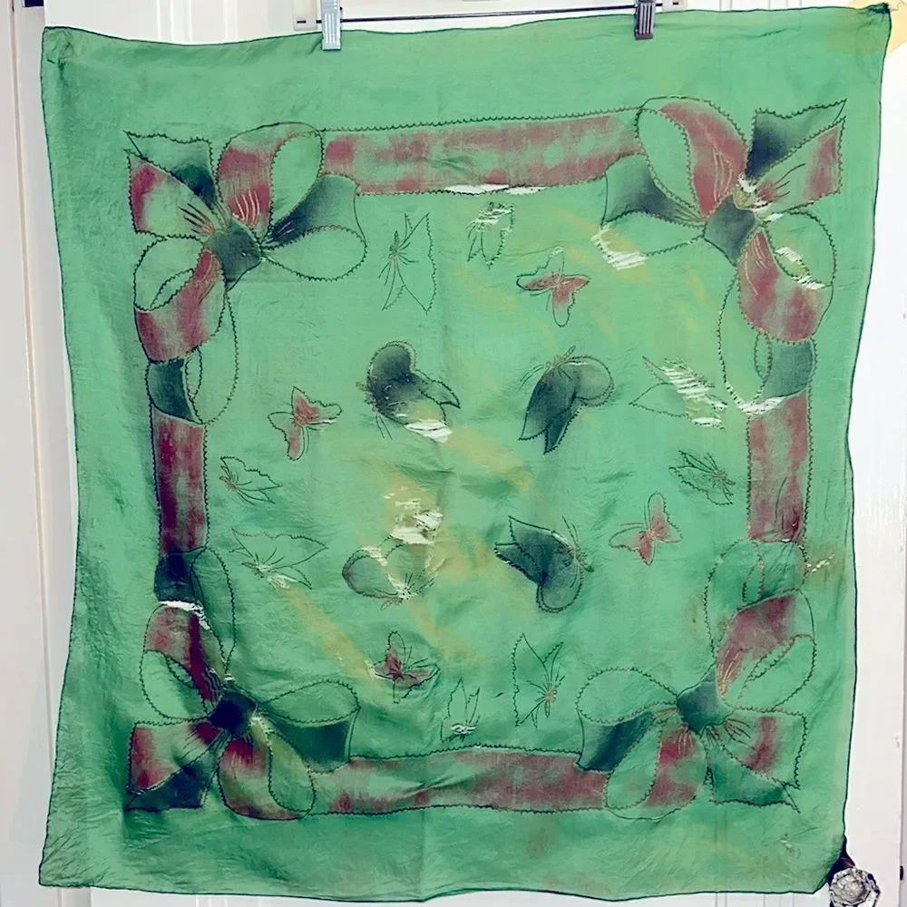 Vtg Brico  5 1/2 Momme green silk artsilk scarf painted‎ with butterflies- AS IS
