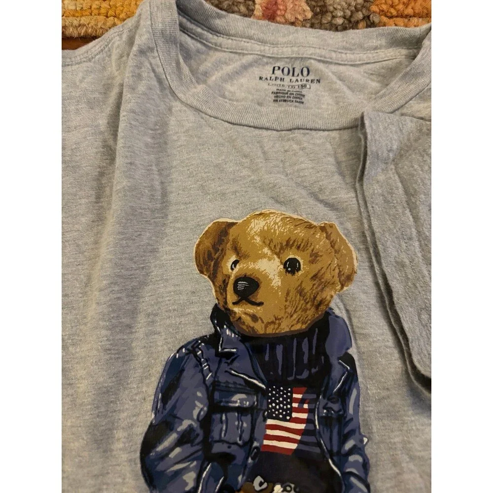 Lot of 2 Polo Ralph Lauren Boys Graphic T-Shirts Polo Bear American Flag Gray M