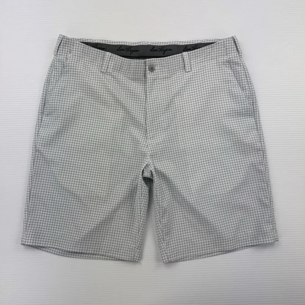 Mens Plaid Golf Shorts 38 Green Gray Performance Stretch Casual Ben Hogan