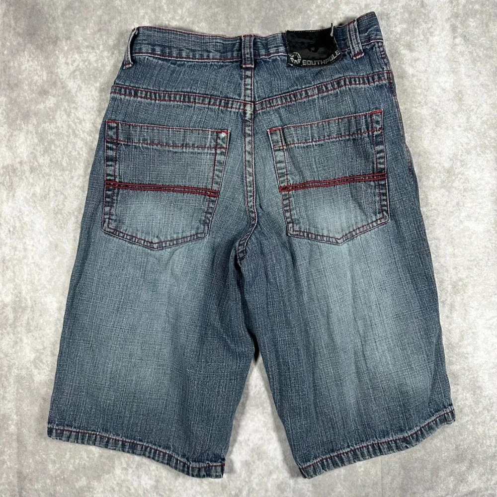 Southpole Mens Baggy Denim Shorts Blue Red Stitch Y2K Hip Hop Skater Jorts 30x14