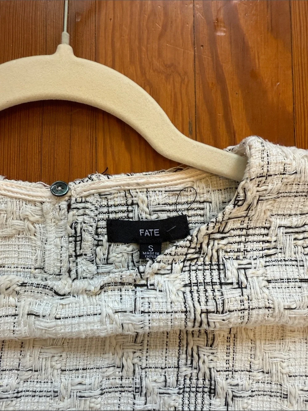 Cream and Black Fringed Plaid Tweed Textured Top