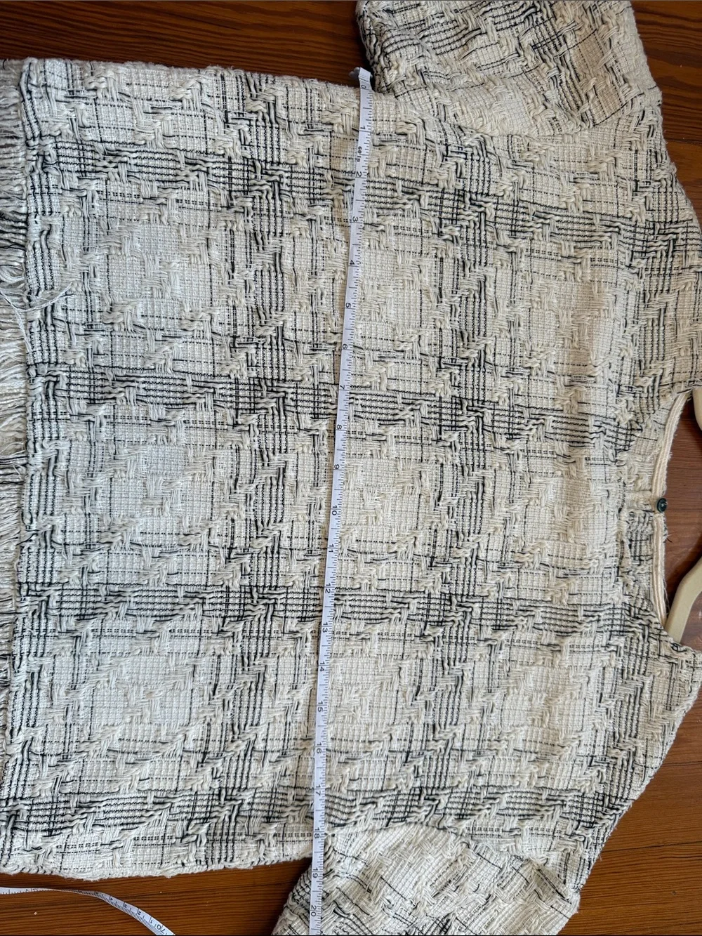 Cream and Black Fringed Plaid Tweed Textured Top