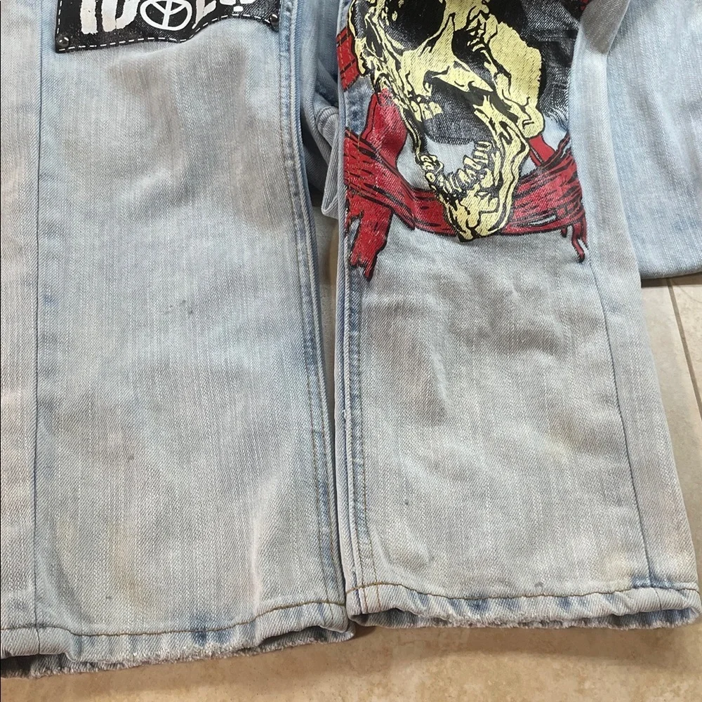 Watson Jeans Size 36 Skull Patch Distressed Punk Slogan Light Blue Graphic Denim