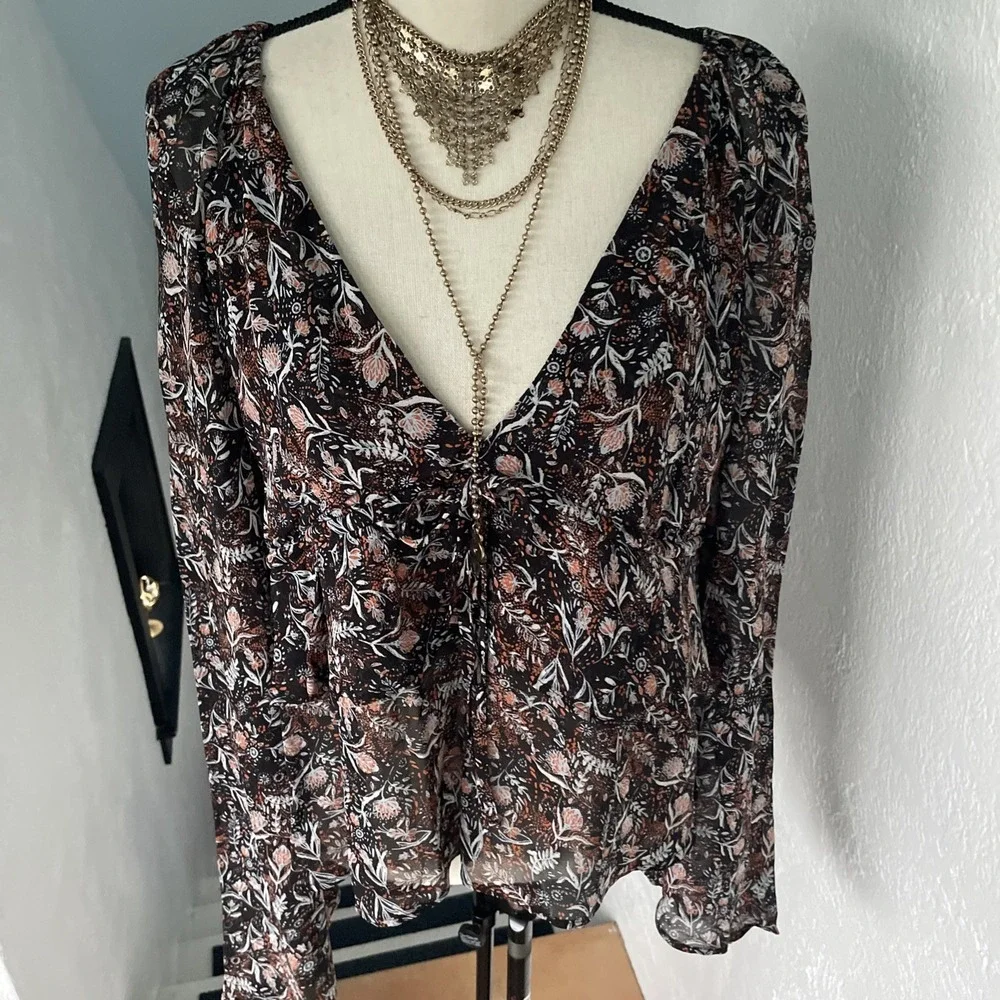 Free People NWOT Uptown Bell Sleeve Tiered Vneck Sheer Black Floral Blouse  S