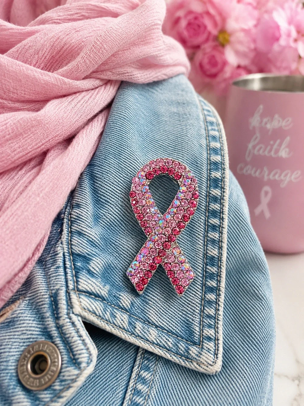 Pink Rhinestones Breast Cancer Awareness Support Pin Brooch Pendant Jewelry