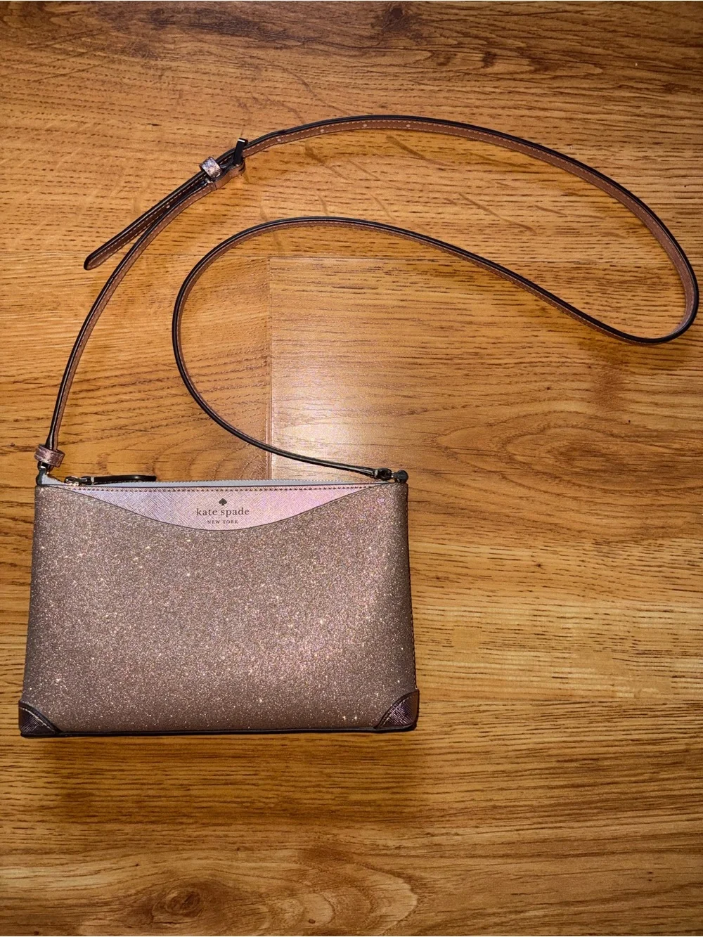 Kate Spade Rose Gold Glitter Fabric Crossbody Purse Bag
