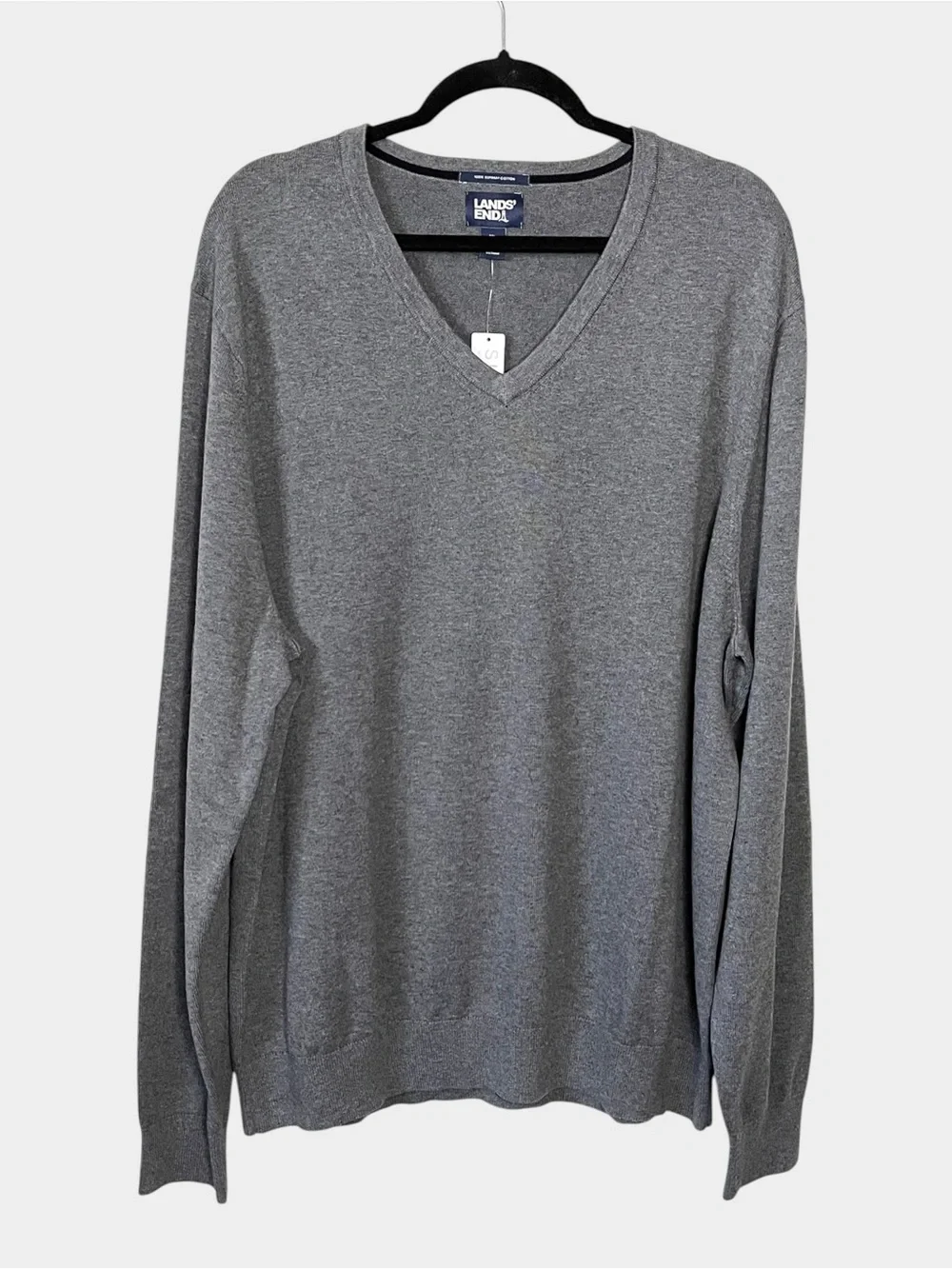 NWT LANDS’ END Supima Cotton V-Neck Sweater Gray XL Classic Preppy