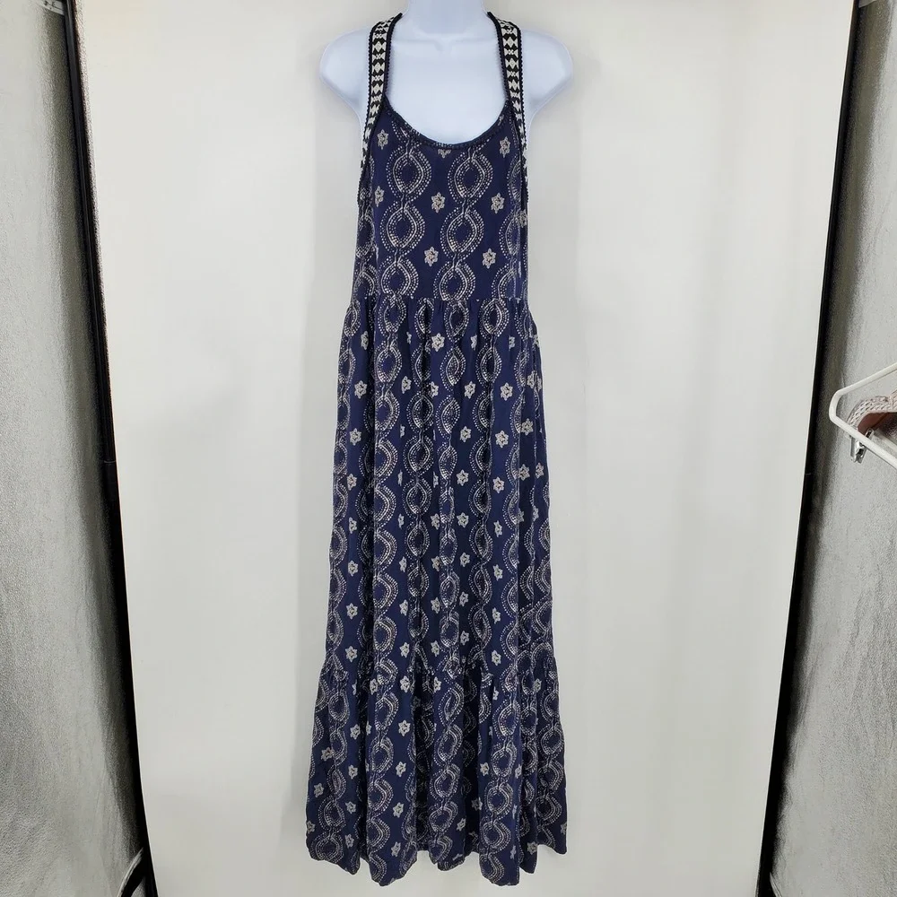 Abercrombie & Fitch Navy Blue Printed Tiered T-Back Maxi Dress Med Boho Cottage