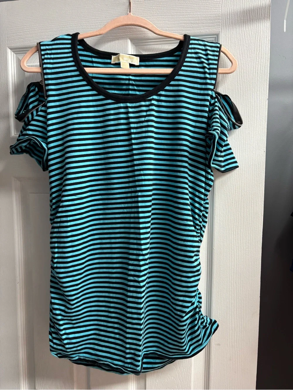 Michael Kors Black & Teal Striped Cold-Shoulder Top
